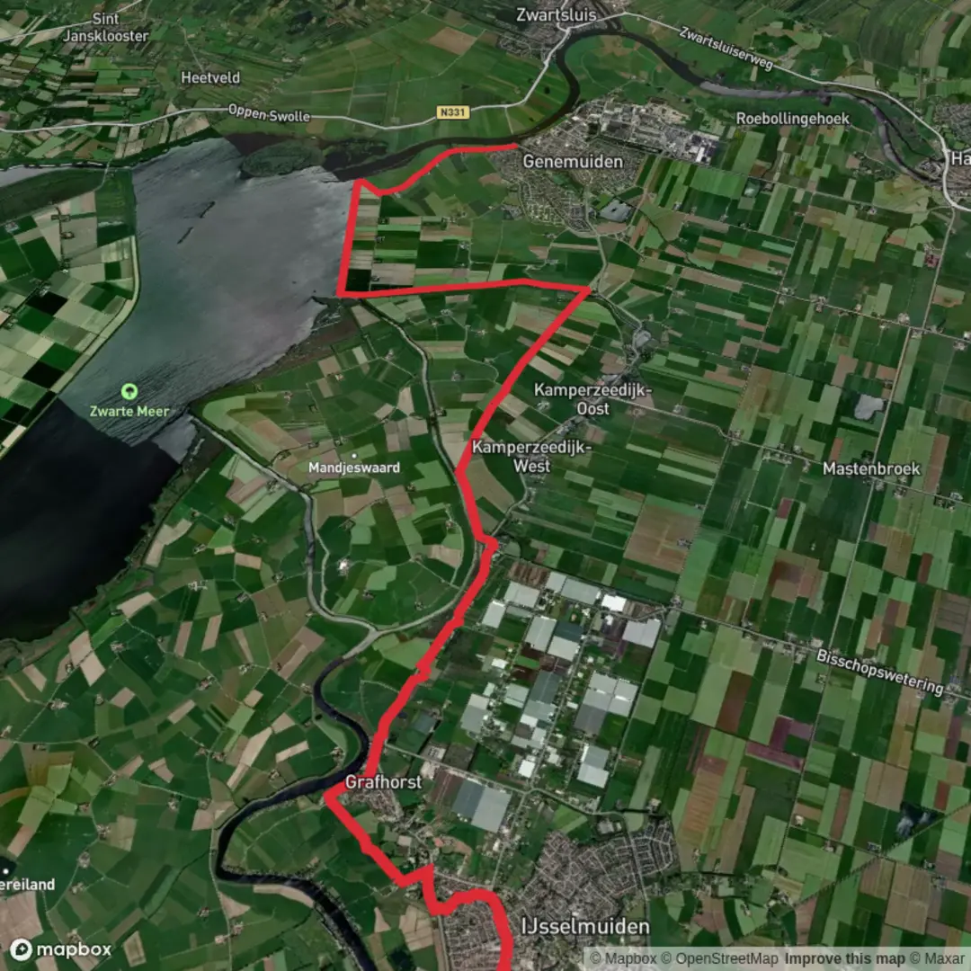 An image depicting the trail Stadsbrug to Genemuiden via zuiderzeepad and Ketting Weg and its surrounding area.