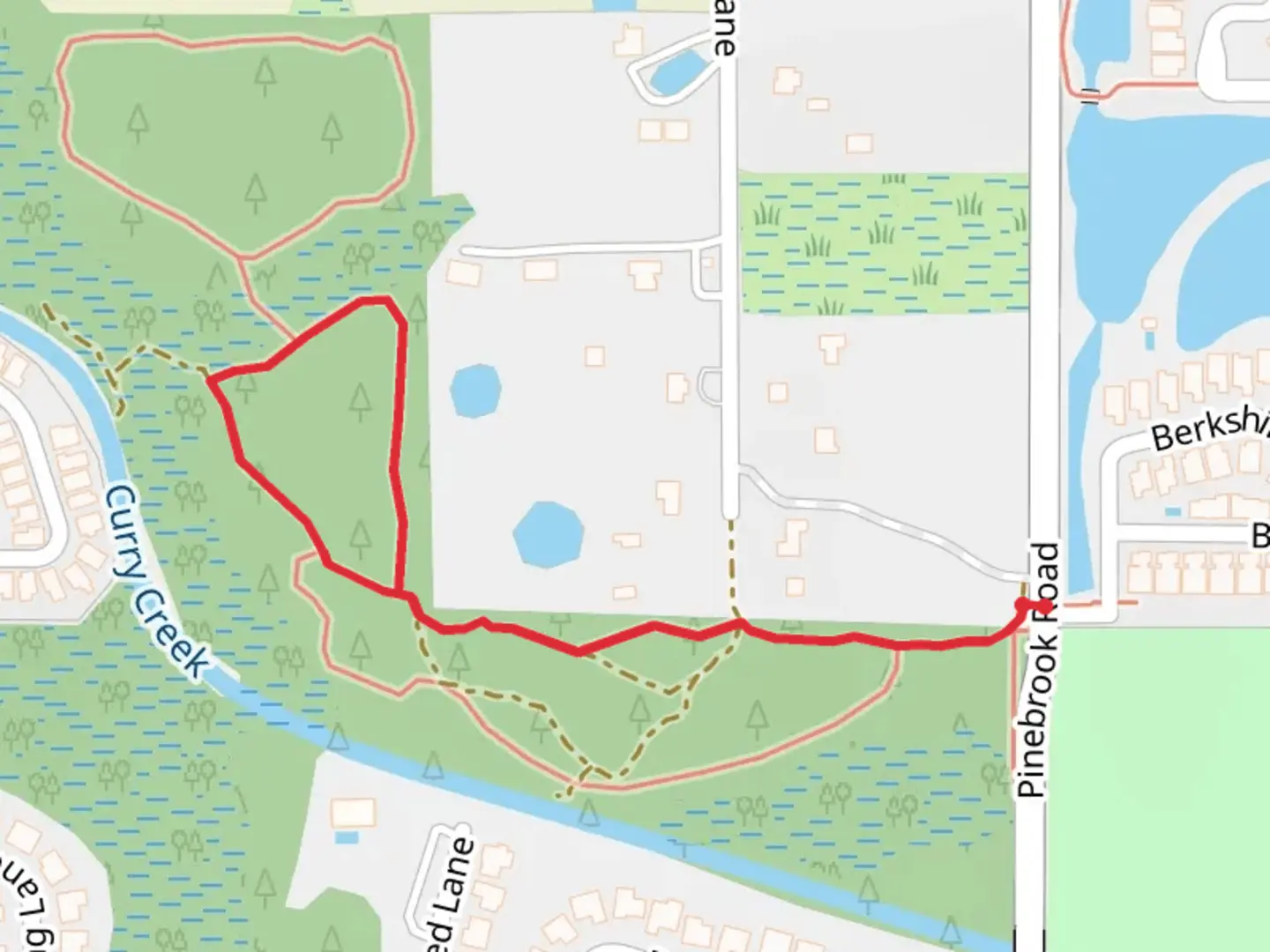 An image depicting the trail Loop beside Curry Creek from Pinebrook Road and its surrounding area.