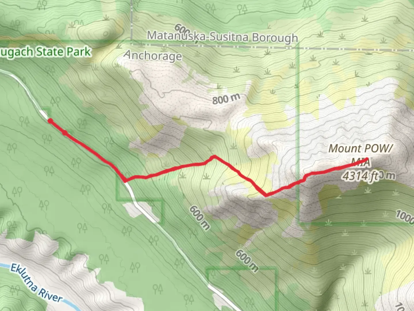 An image depicting the trail Mount POW-MIA and Gold Star Peak via Eklutna Lake Road and its surrounding area.