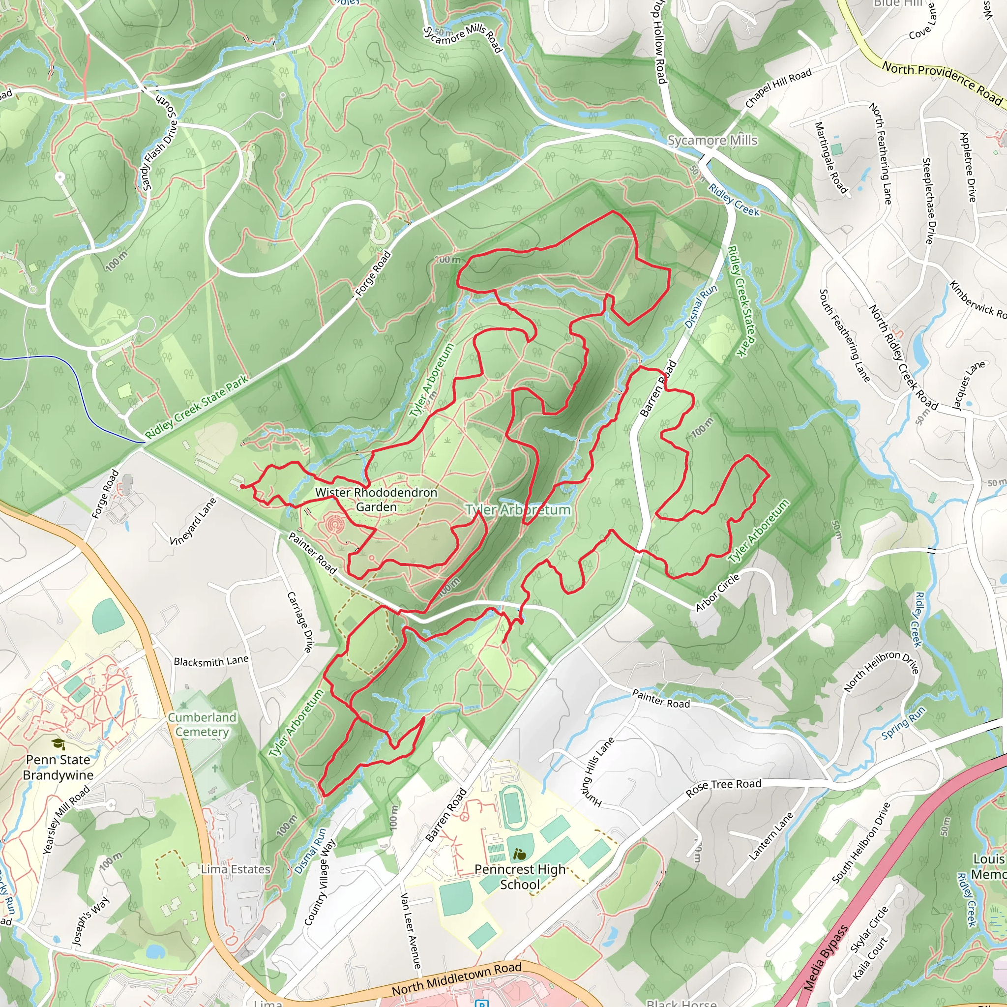 Dismal Run and Wister Rhododendron Garden Loop mobile static map