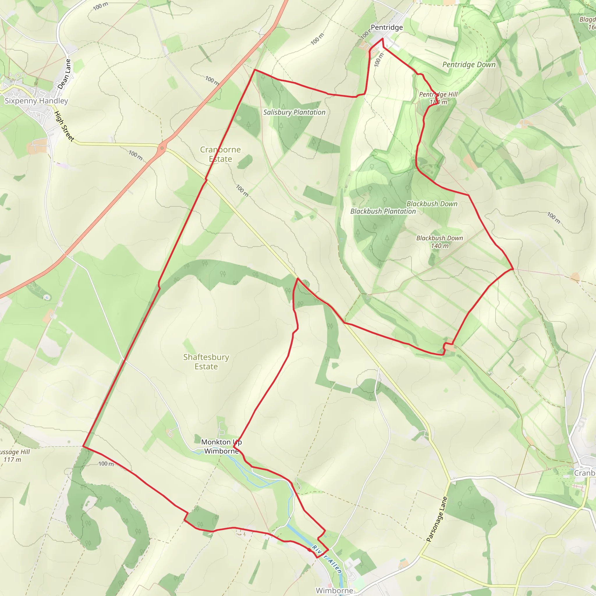Monkton Up Wimborne to Pentridge Walk mobile static map