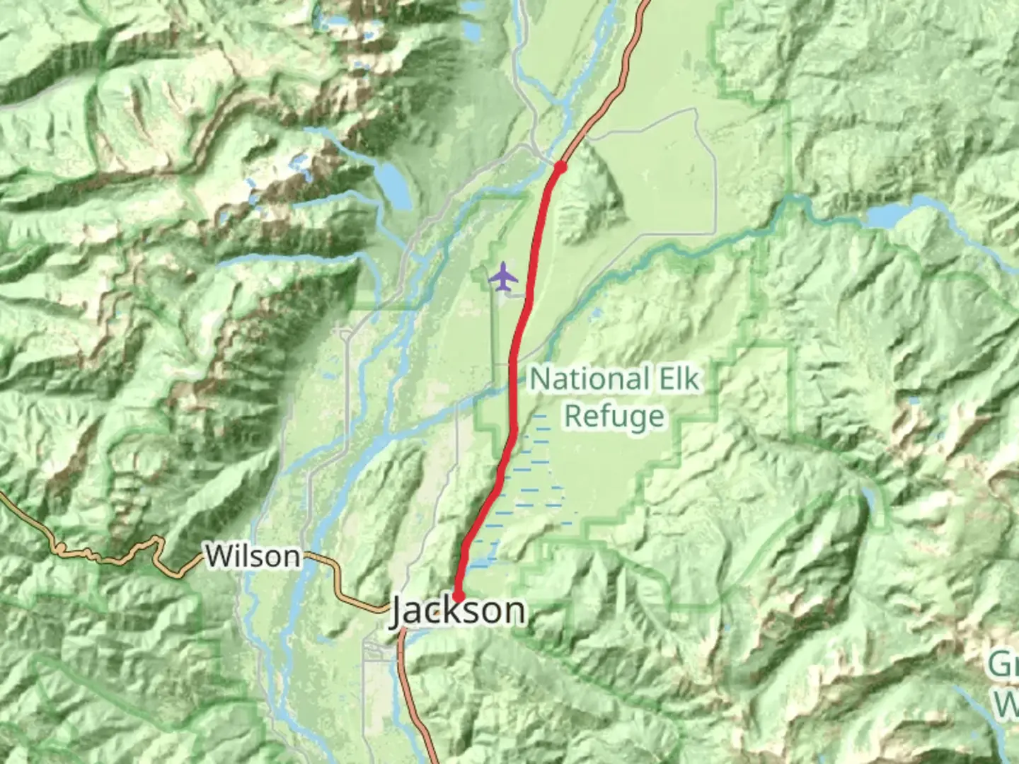 An image depicting the trail Jackson to Moose via Multi-Use-Pathway and its surrounding area.