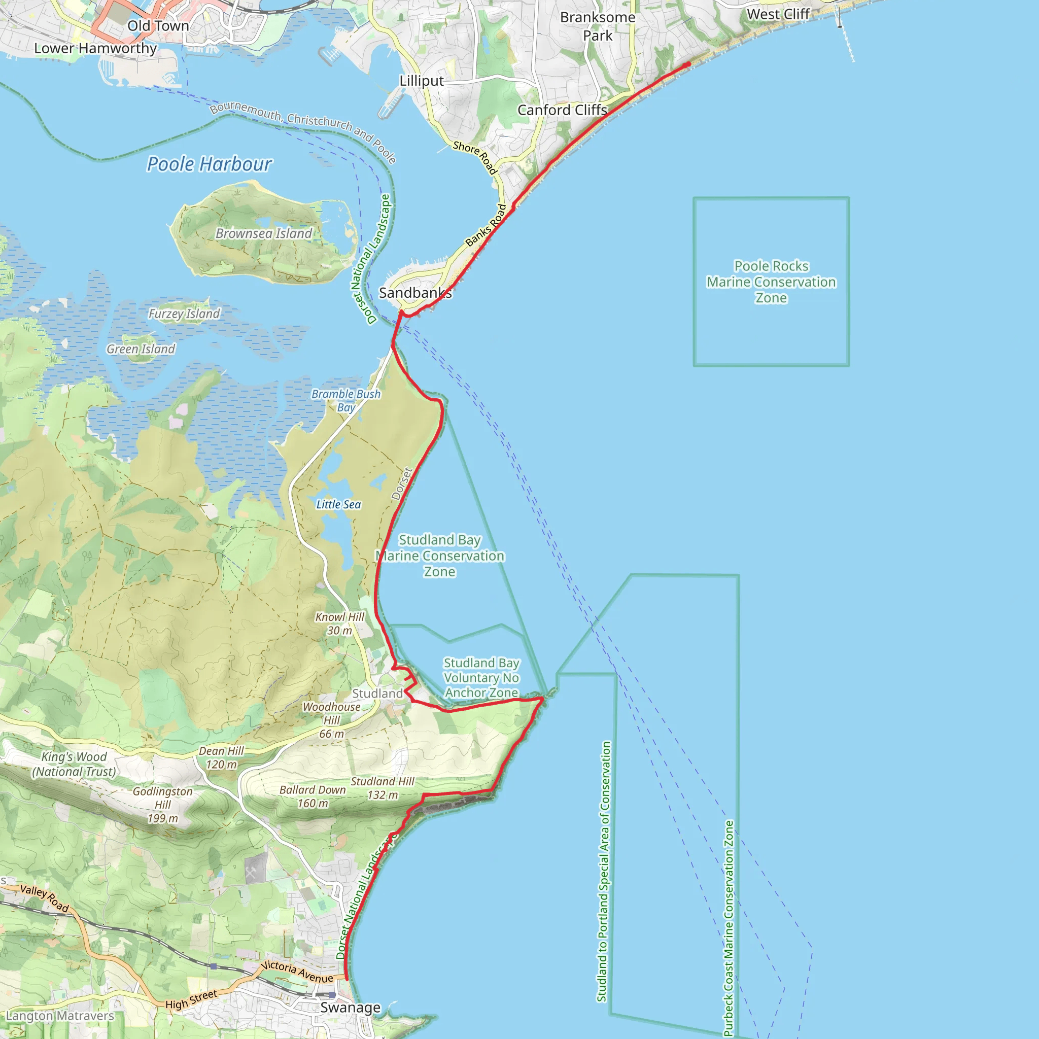 Canford Cliffs Promenade and Swanage Beach mobile static map