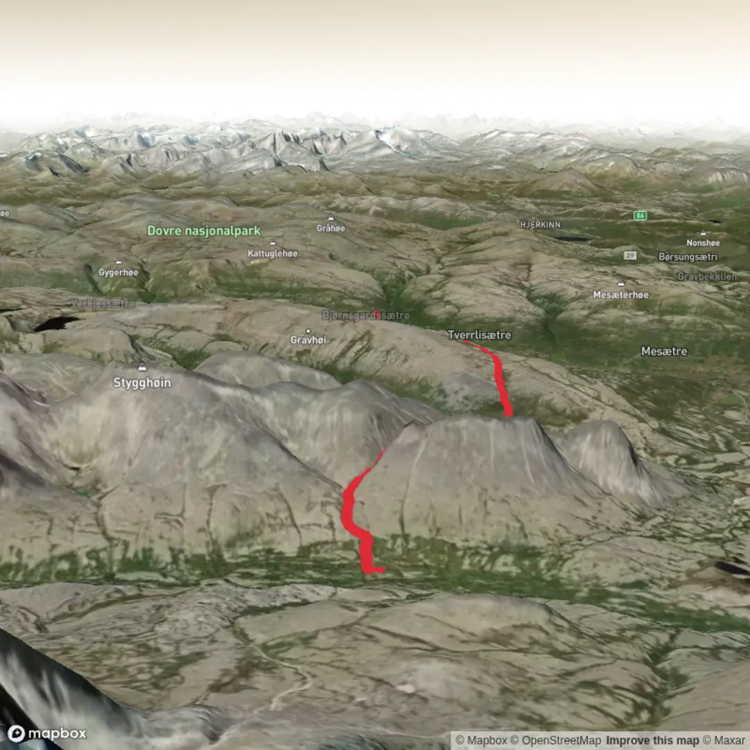 An image depicting the trail Nedre Dørålseter Turisthytte to Grimsdalshytta DNT and its surrounding area.