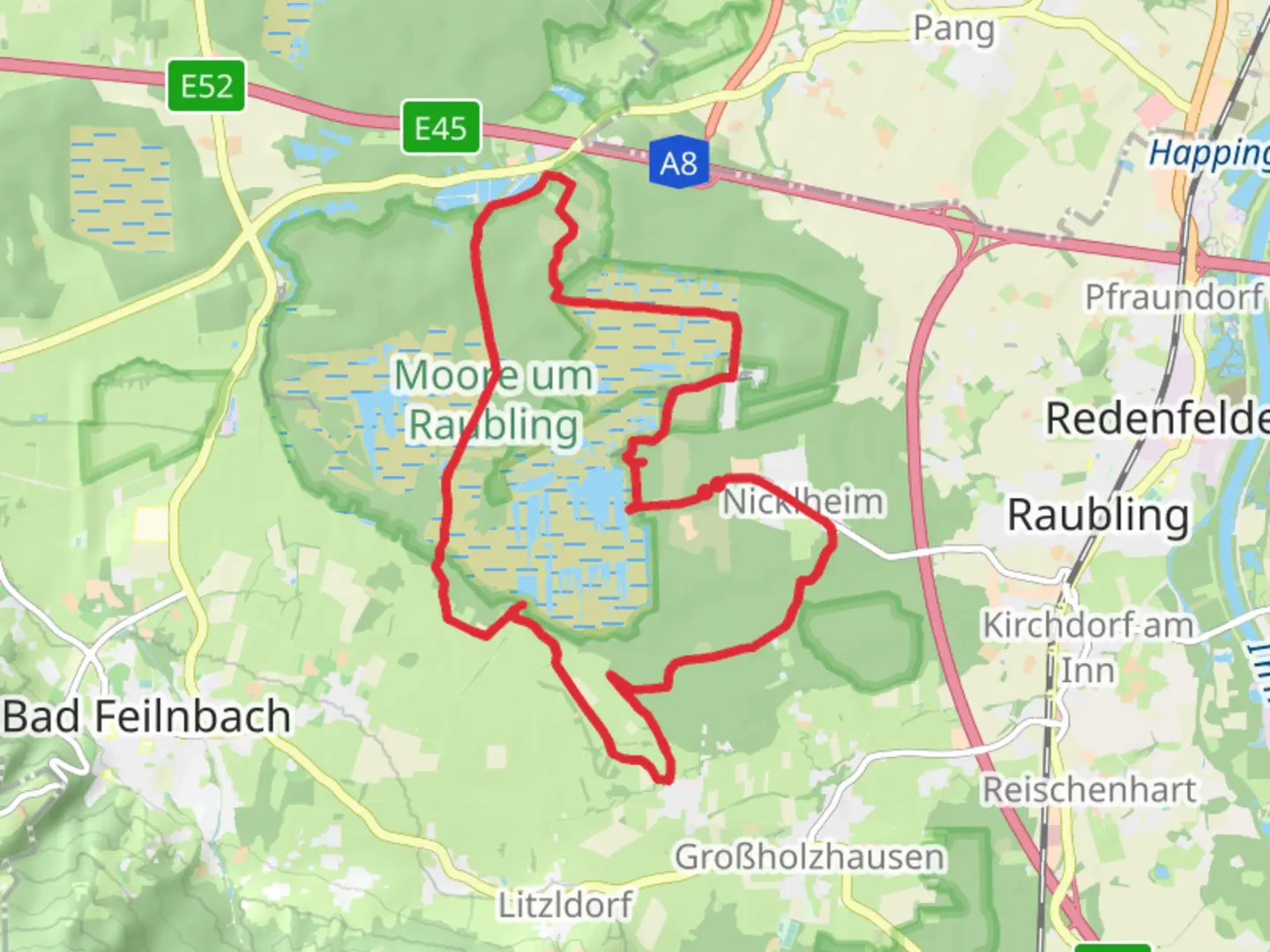 An image depicting the trail Moor um Raubling and Kollerfilze Loop and its surrounding area.