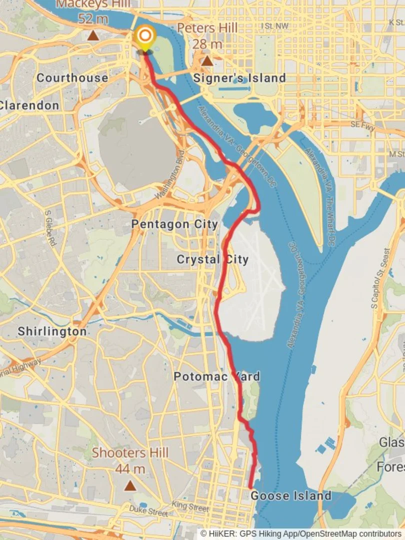 An image depicting the trail Gravelly Point Park and Tide Lock Park via Mount Vermont Trail and its surrounding area.