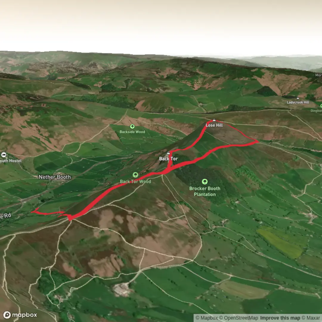 An image depicting the trail Back Tor from the Farm - forest section and its surrounding area.