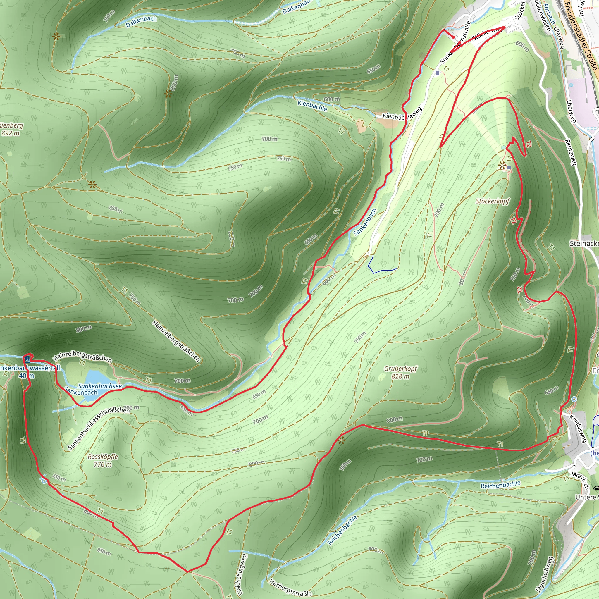 Sankenbachsee, Sankenbach Waterfalls and Stoeckerkopf Loop via Baiersbronn Kniebis mobile static map