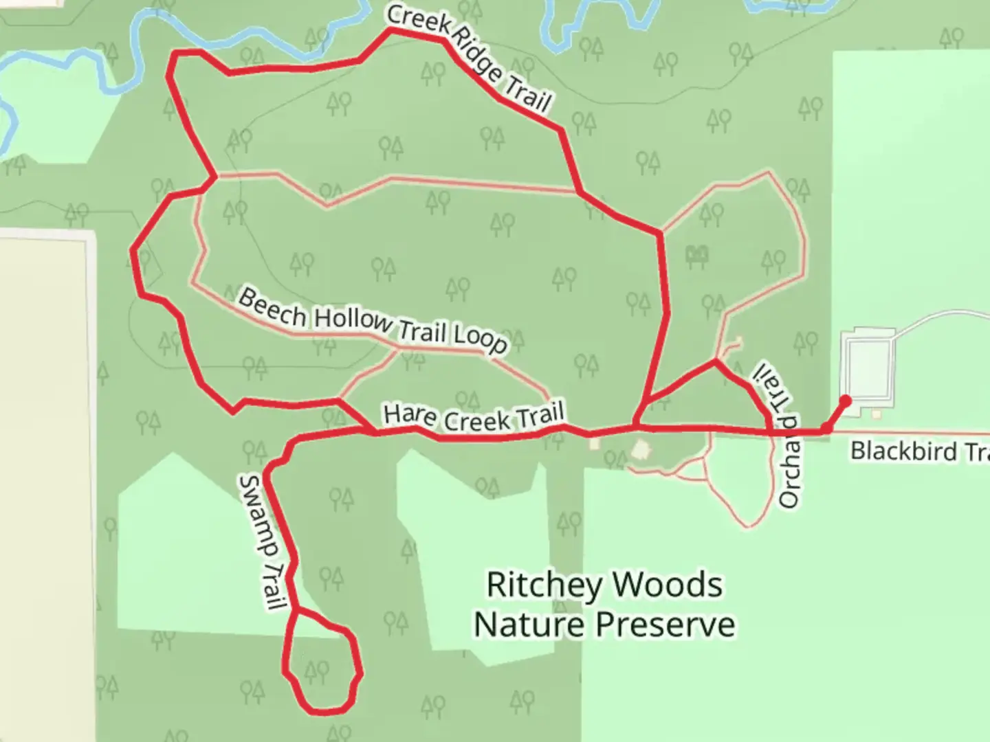 An image depicting the trail Ritchey Woods Nature Preserve Loop via Hare Creek and its surrounding area.