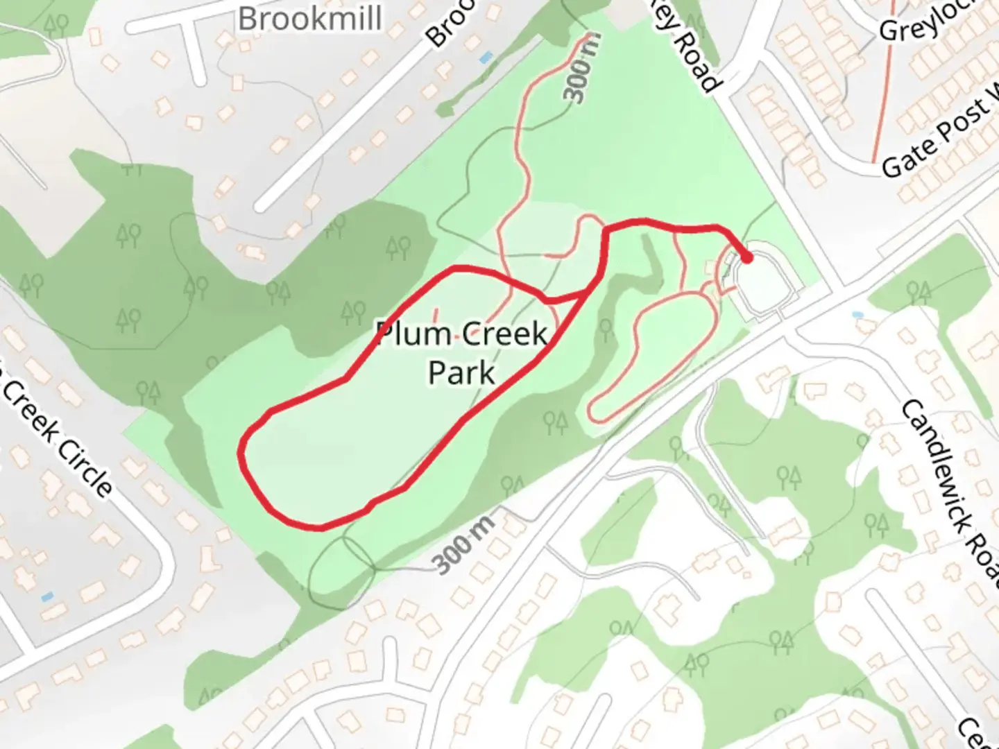 An image depicting the trail Plum Creek Park Loop and its surrounding area.