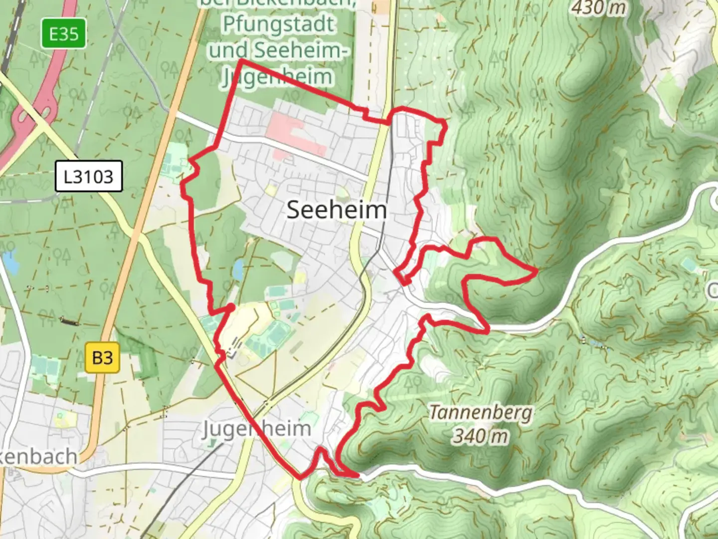 An image depicting the trail Rundwanderweg Seeheim Jugenheim and its surrounding area.