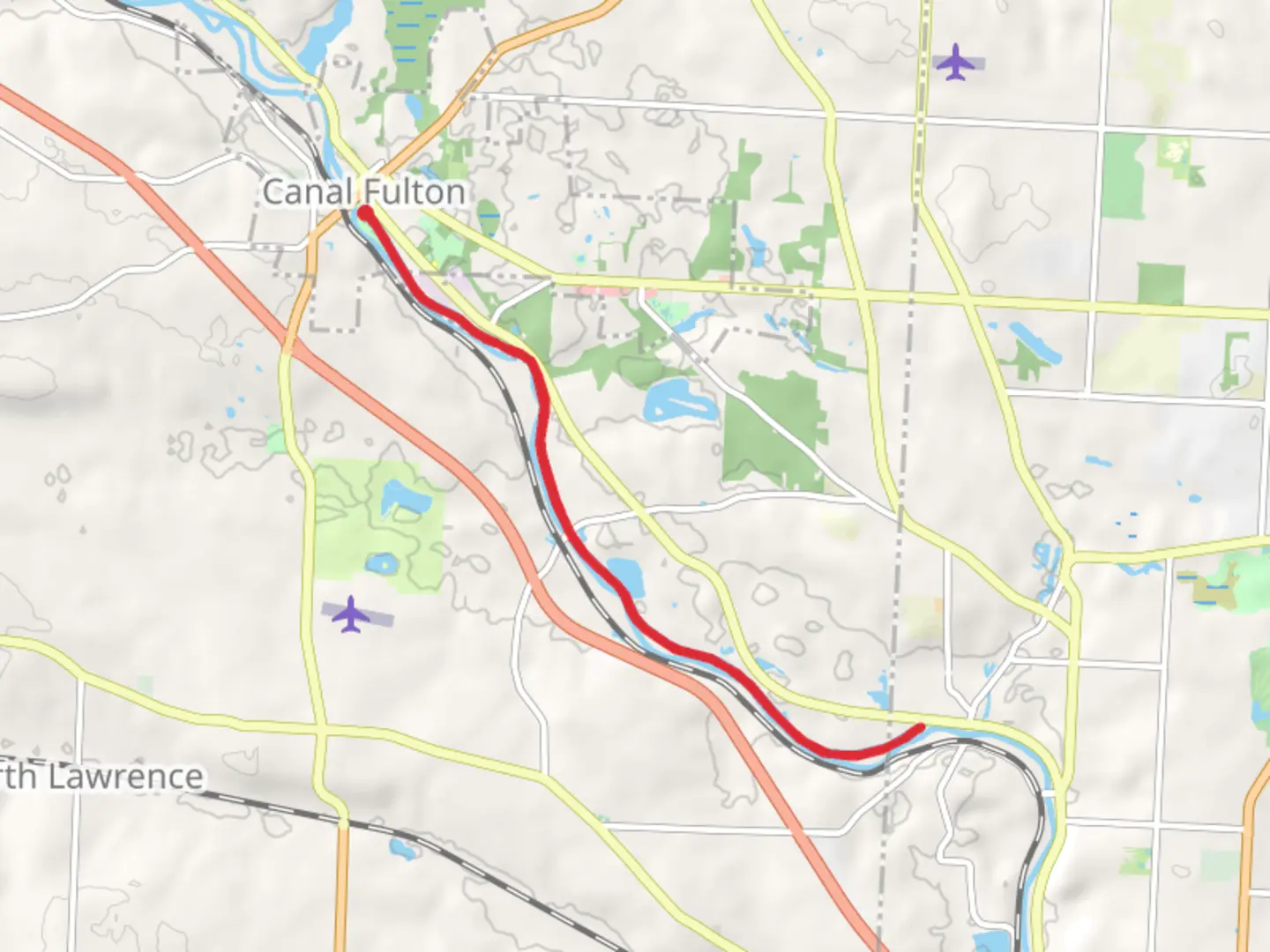 An image depicting the trail Buckeye Trail - Akron along Ohio and Erie Canal and its surrounding area.