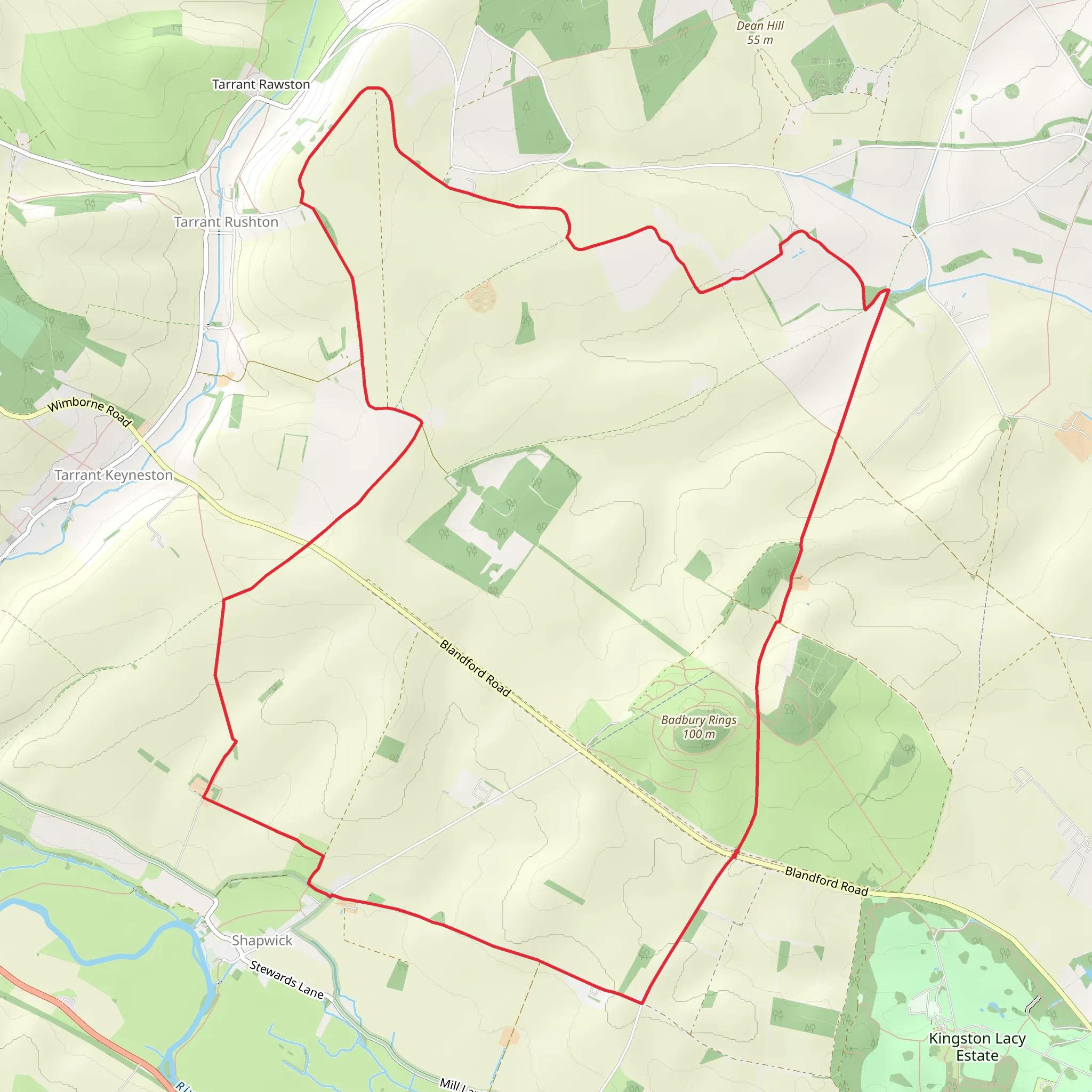 Tarrant Rushton Park and Shapwick Park Loop mobile static map