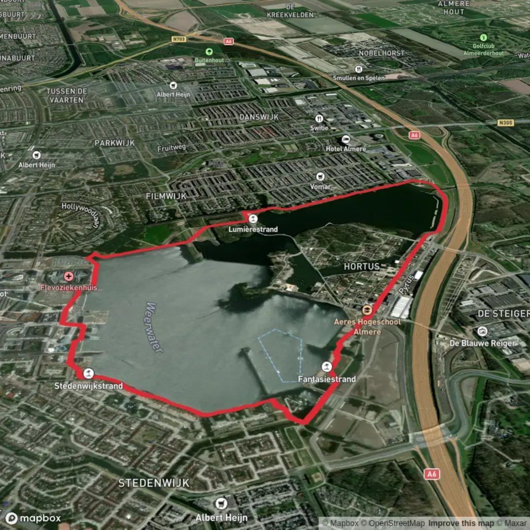 An image depicting the trail Weerwater Loop via Oeverpromenade and Sturmeypad and Fongerspad and its surrounding area.