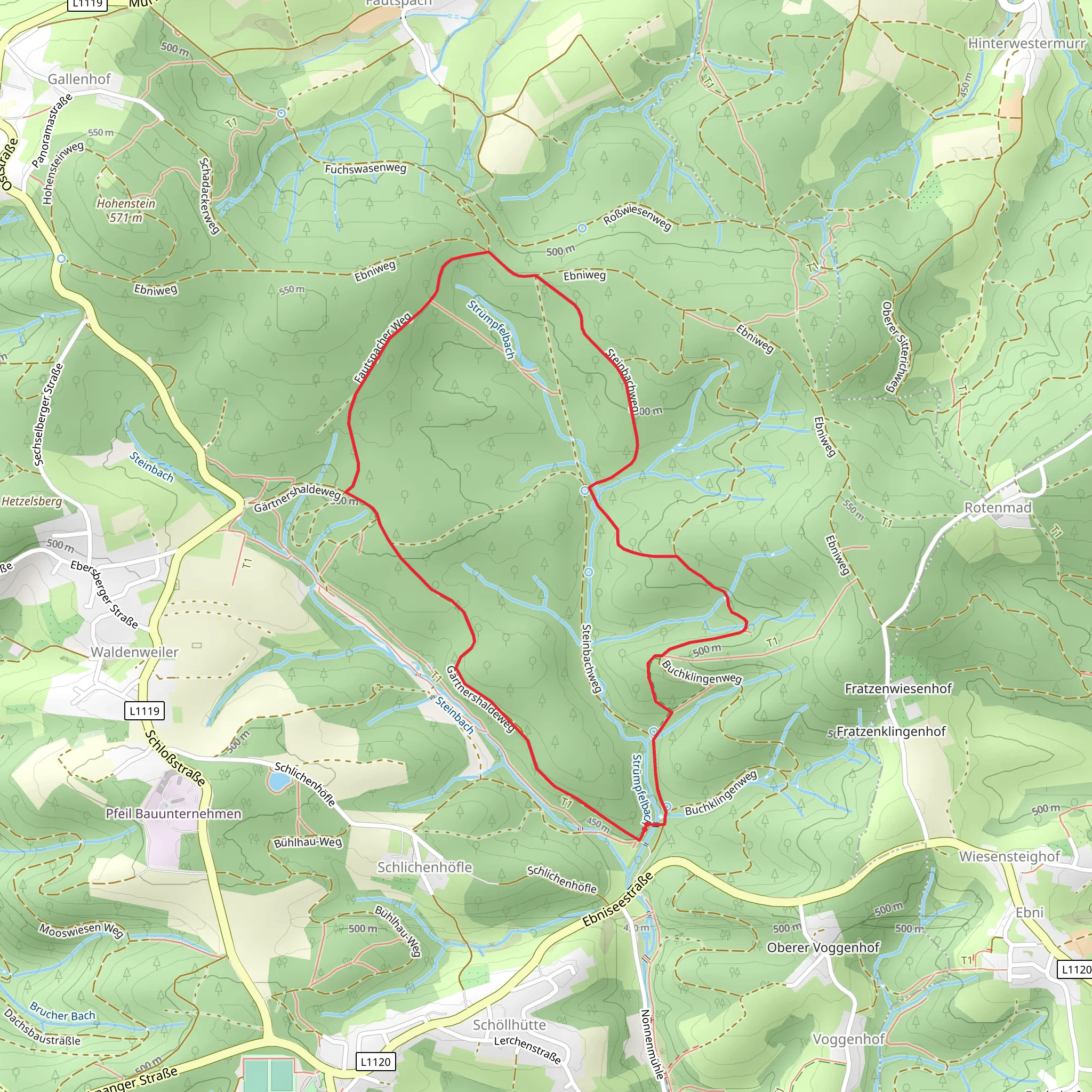 Althütte Rundwanderweg and Idyllische Strasse Loop mobile static map