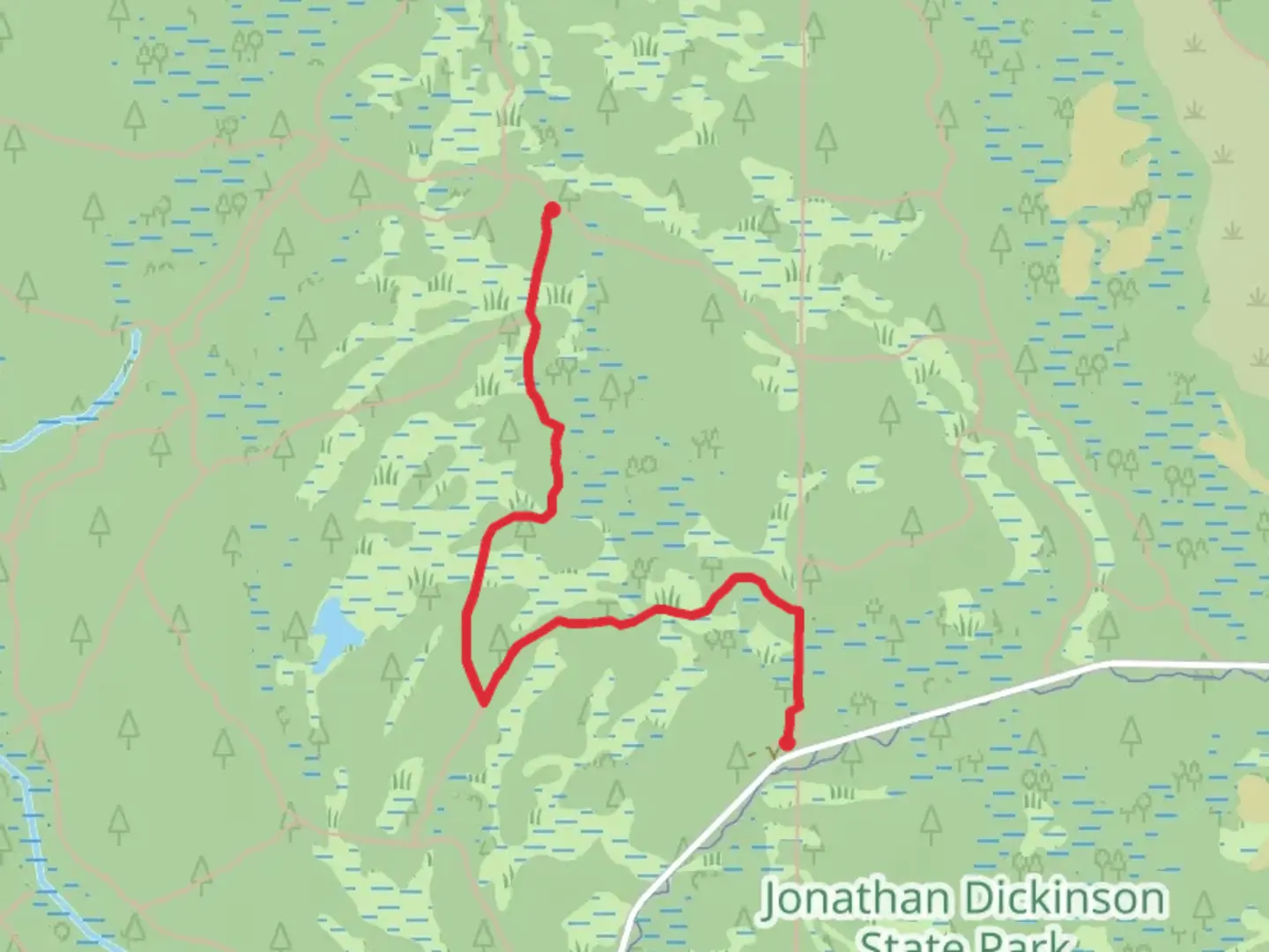 An image depicting the trail Blue and Red Trail and its surrounding area.