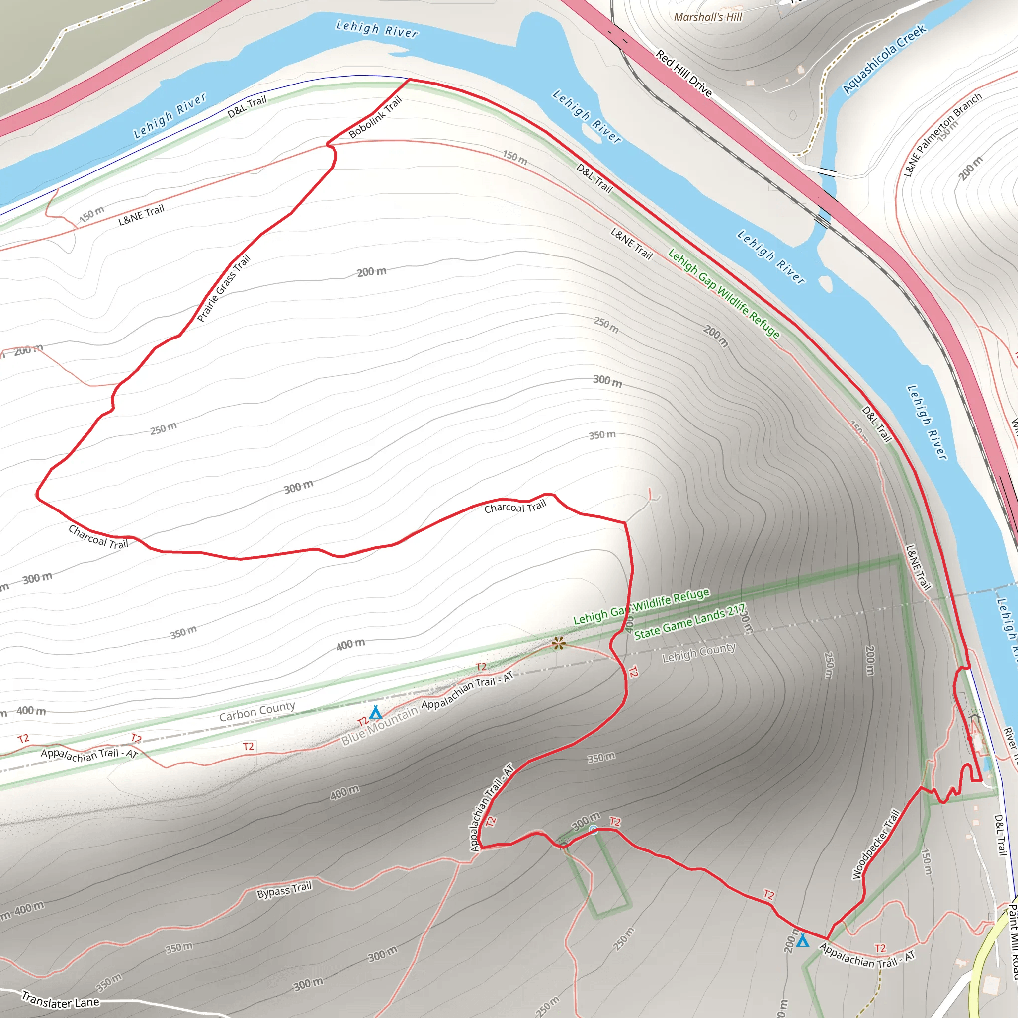 Charcoal and Prairie Grass Trail Loop via Lehigh River mobile static map
