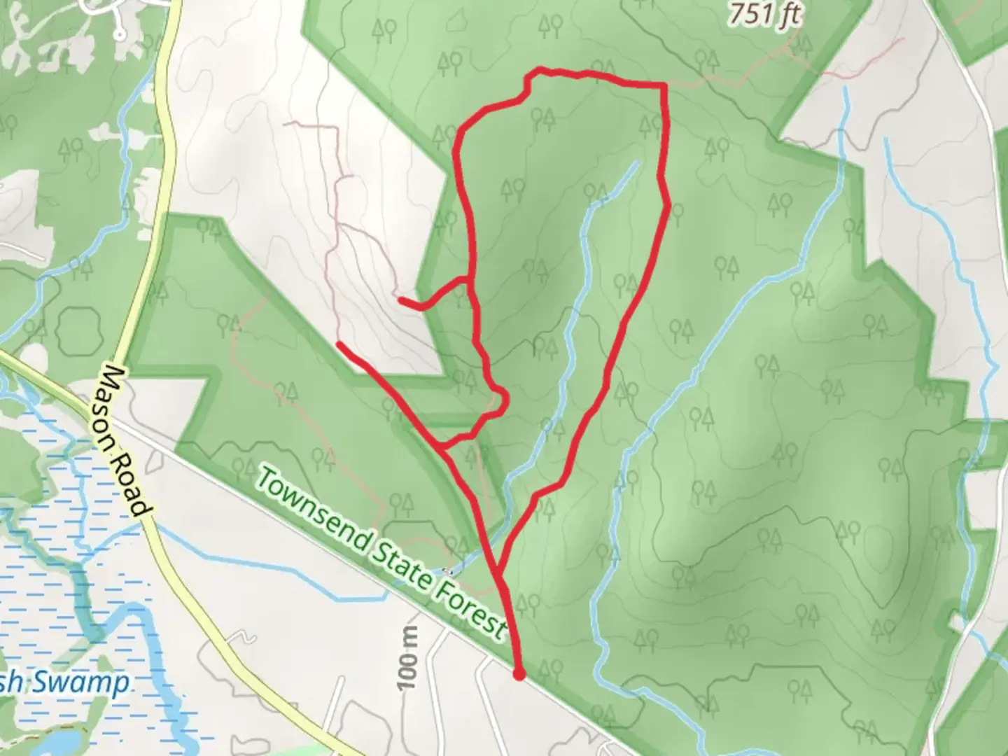 An image depicting the trail Baker Hill - Townsend State Forest Loop and its surrounding area.