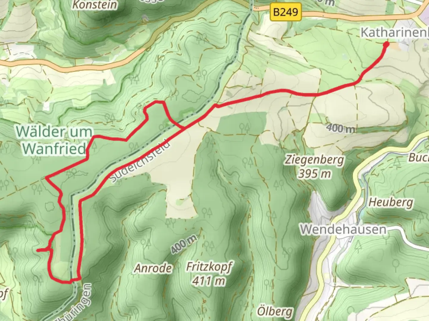 An image depicting the trail Karnberg via Dietemannpfad and Mainzer Koepfe and its surrounding area.