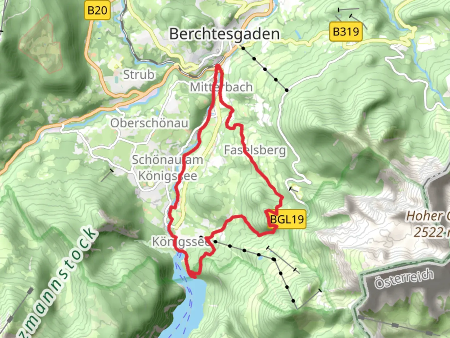 An image depicting the trail Mitterbach to Konigssee Loop via Hinterer Brandkopf and its surrounding area.
