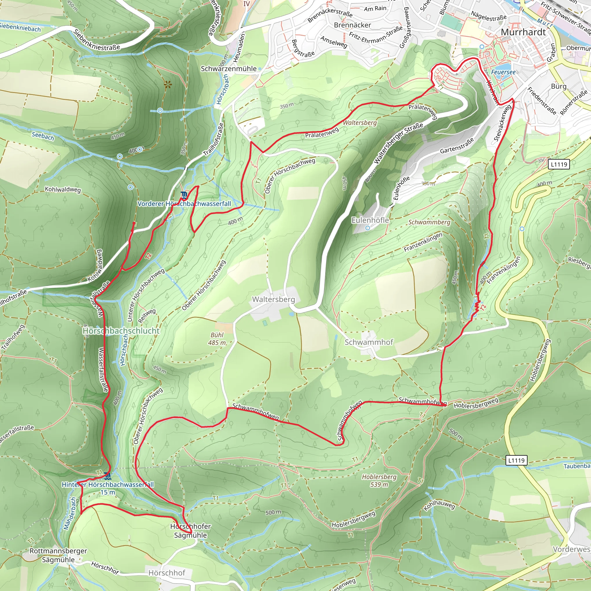 Hinterer Hoerschbachwasserfall via Hangweg and Schwammhofweg mobile static map