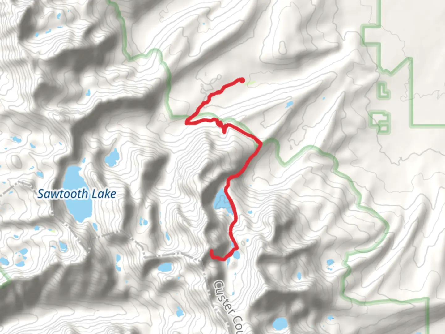 An image depicting the trail Merritt Peak and Goat Lake via Iron Creek-Stanley Lake Trail and its surrounding area.