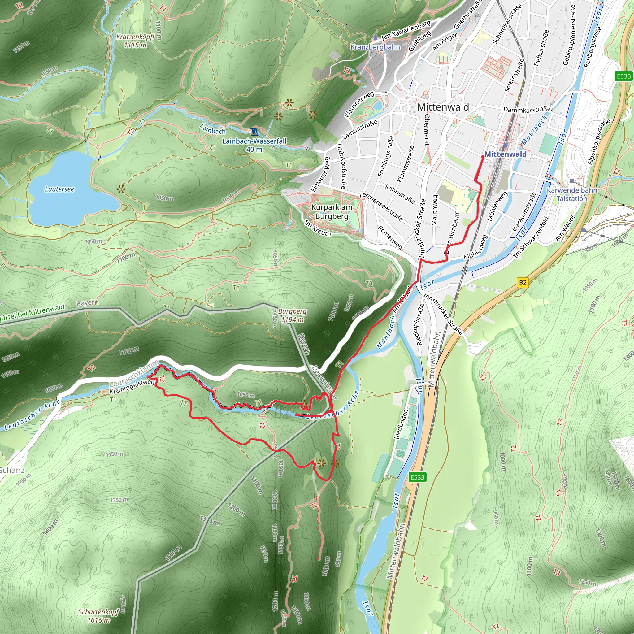 Am Gletscherschliff and Leutaschklamm Wasserfall Loop - Mittenwald mobile static map