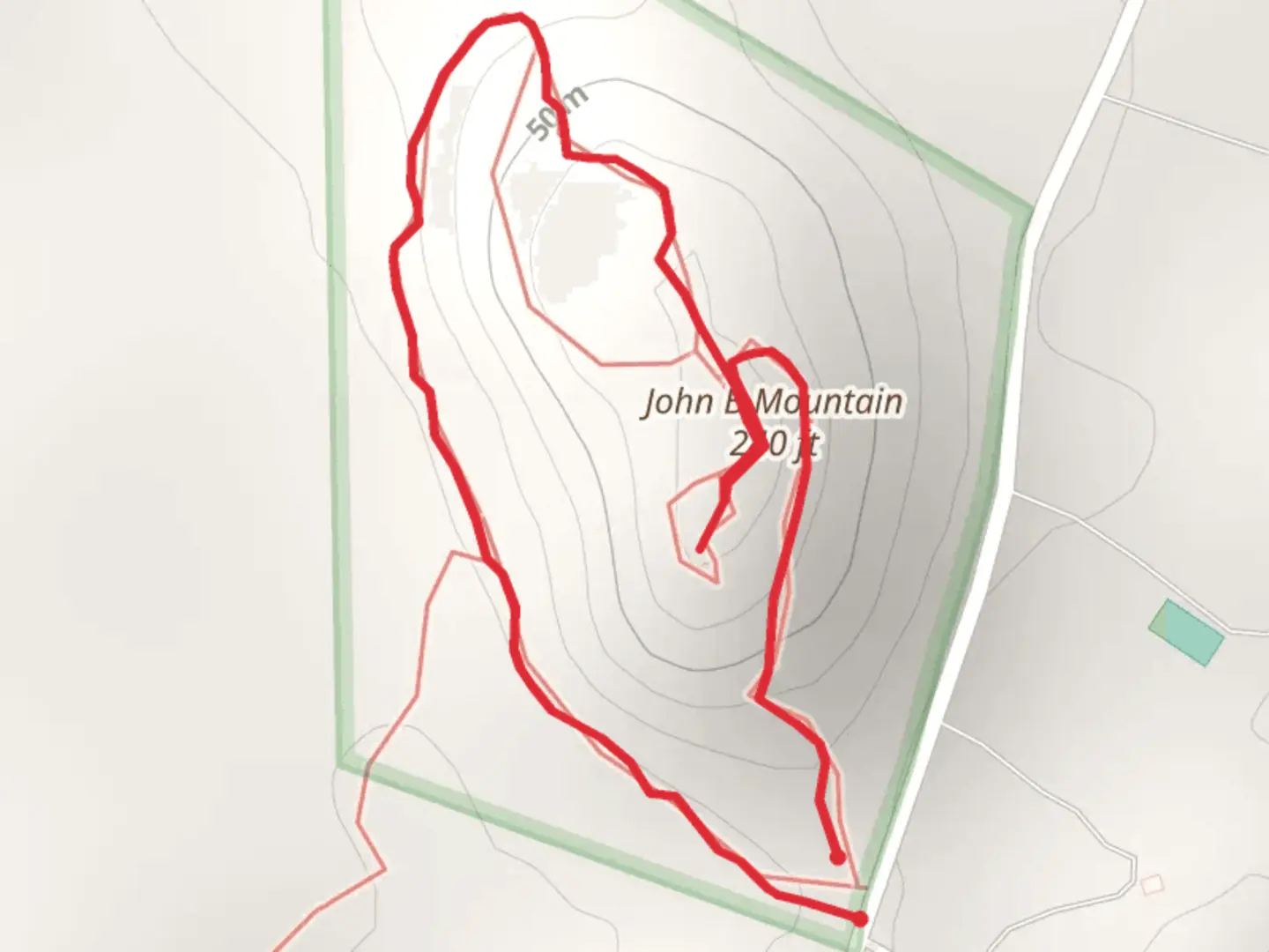 An image depicting the trail John B Mountain from Breezemere Road and its surrounding area.