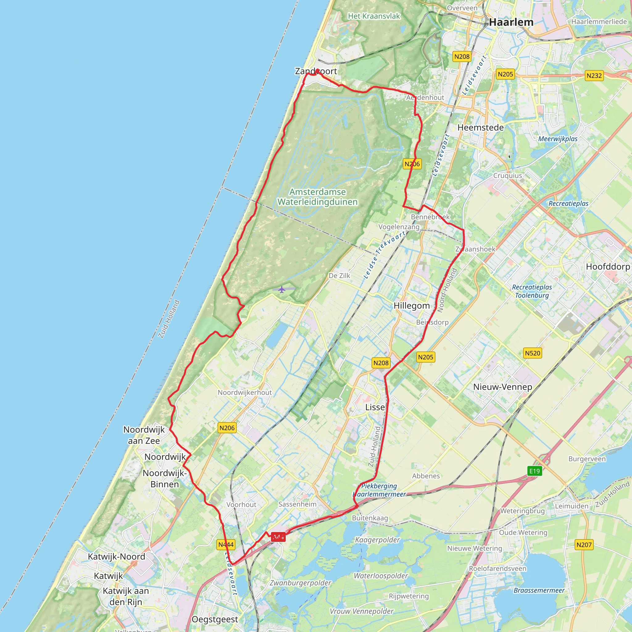 Leeuwerikenlaan, Vogelenzangseweg, Rijwielpad Boswachterij Noordwijk and Zuiderduinpad Loop mobile static map