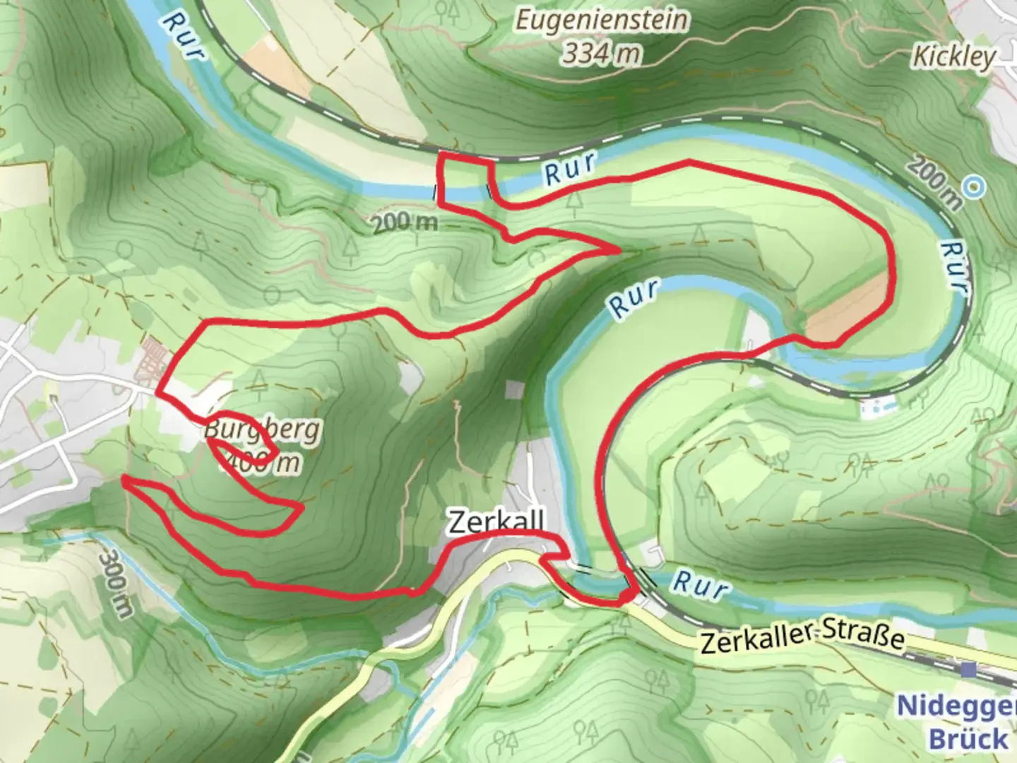 An image depicting the trail Burgberg and Ruraue bei Zerkall Loop and its surrounding area.
