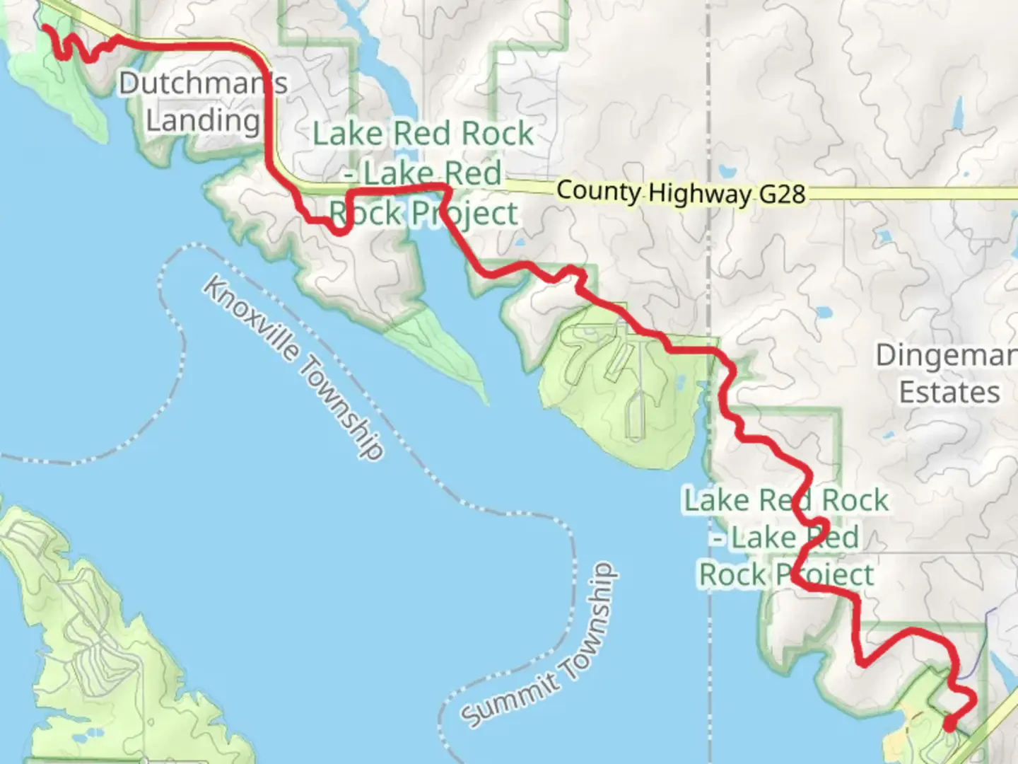 An image depicting the trail Lake Red Rock East Shore Walk from North Overlook Camp and its surrounding area.