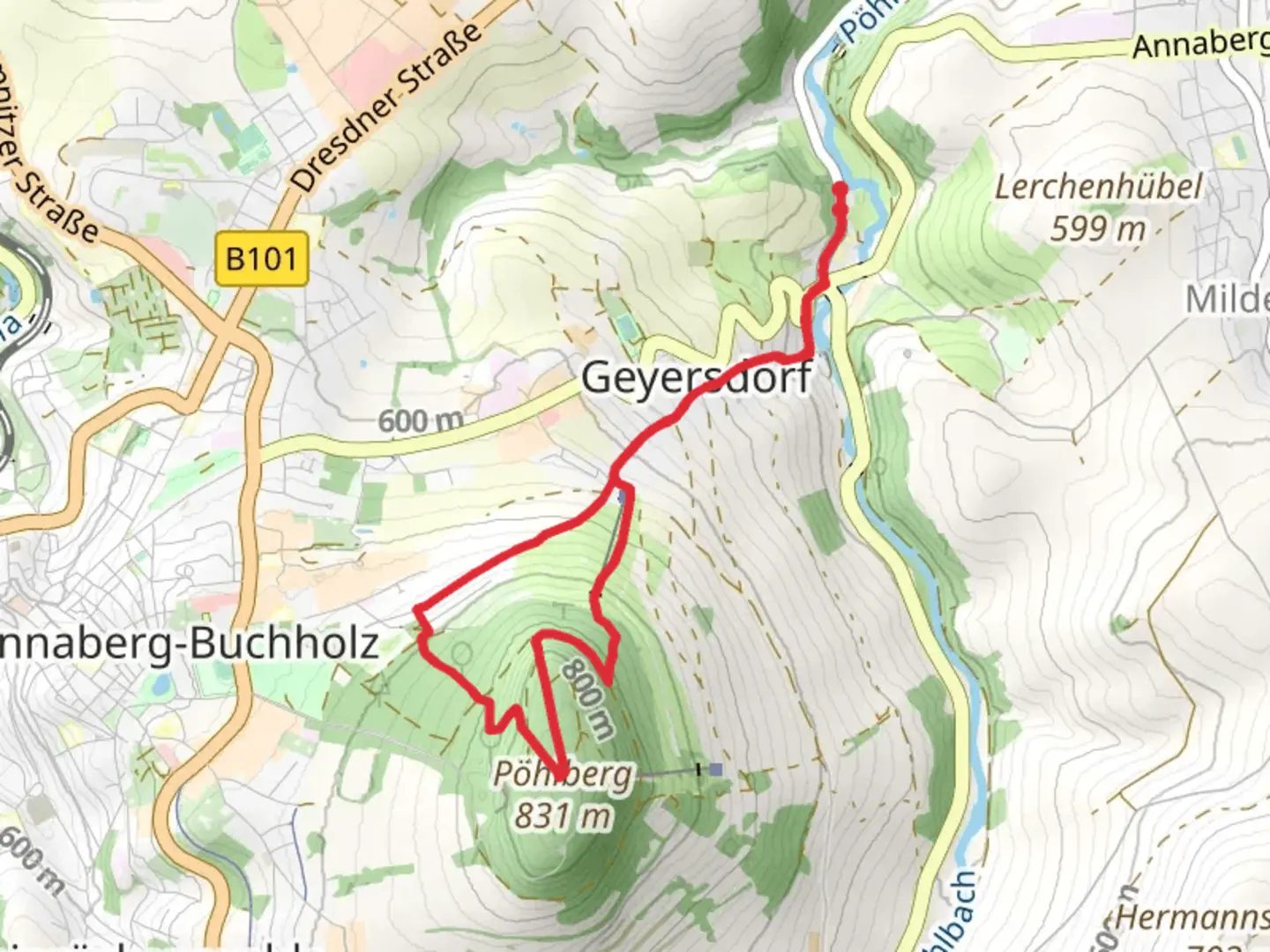 An image depicting the trail Poehlberg via Alte Bobbahn and its surrounding area.