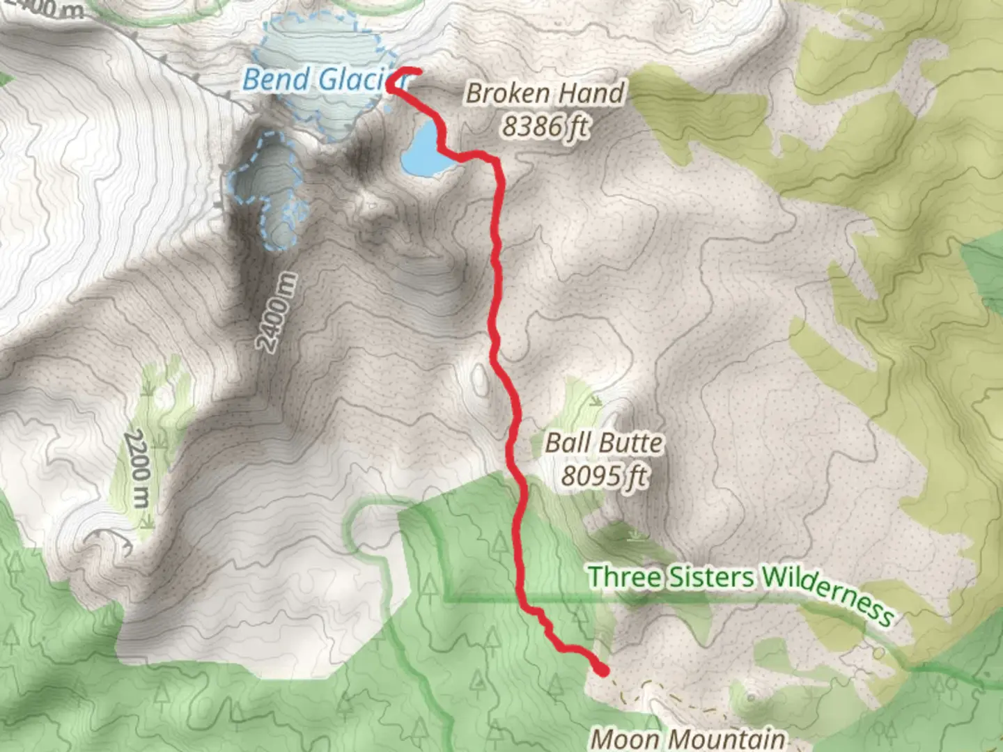 An image depicting the trail No Name Lake via Broken Top Trail Out and Back and its surrounding area.