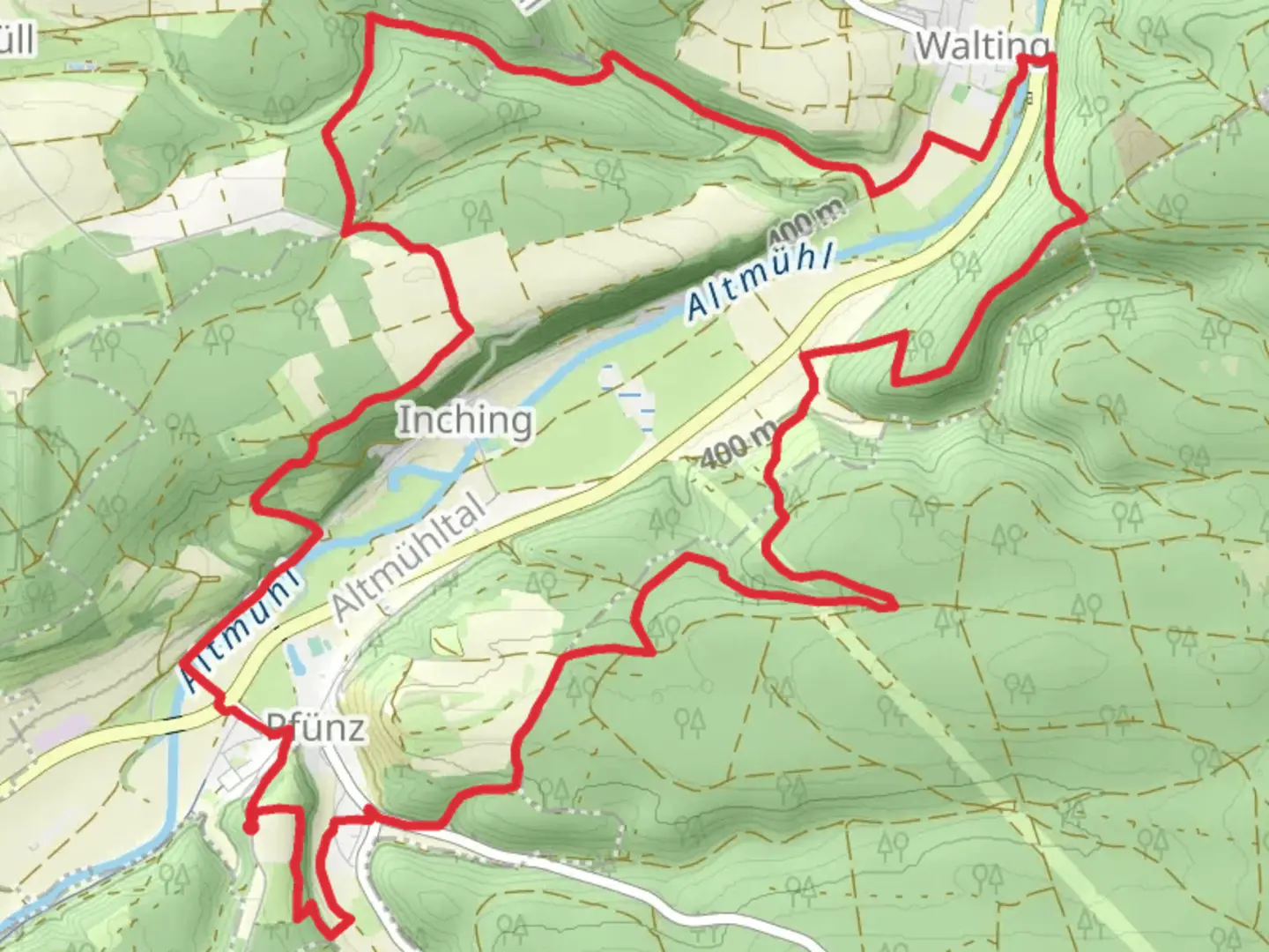 An image depicting the trail Pfunz and Walting Loop via Altmuhl and its surrounding area.