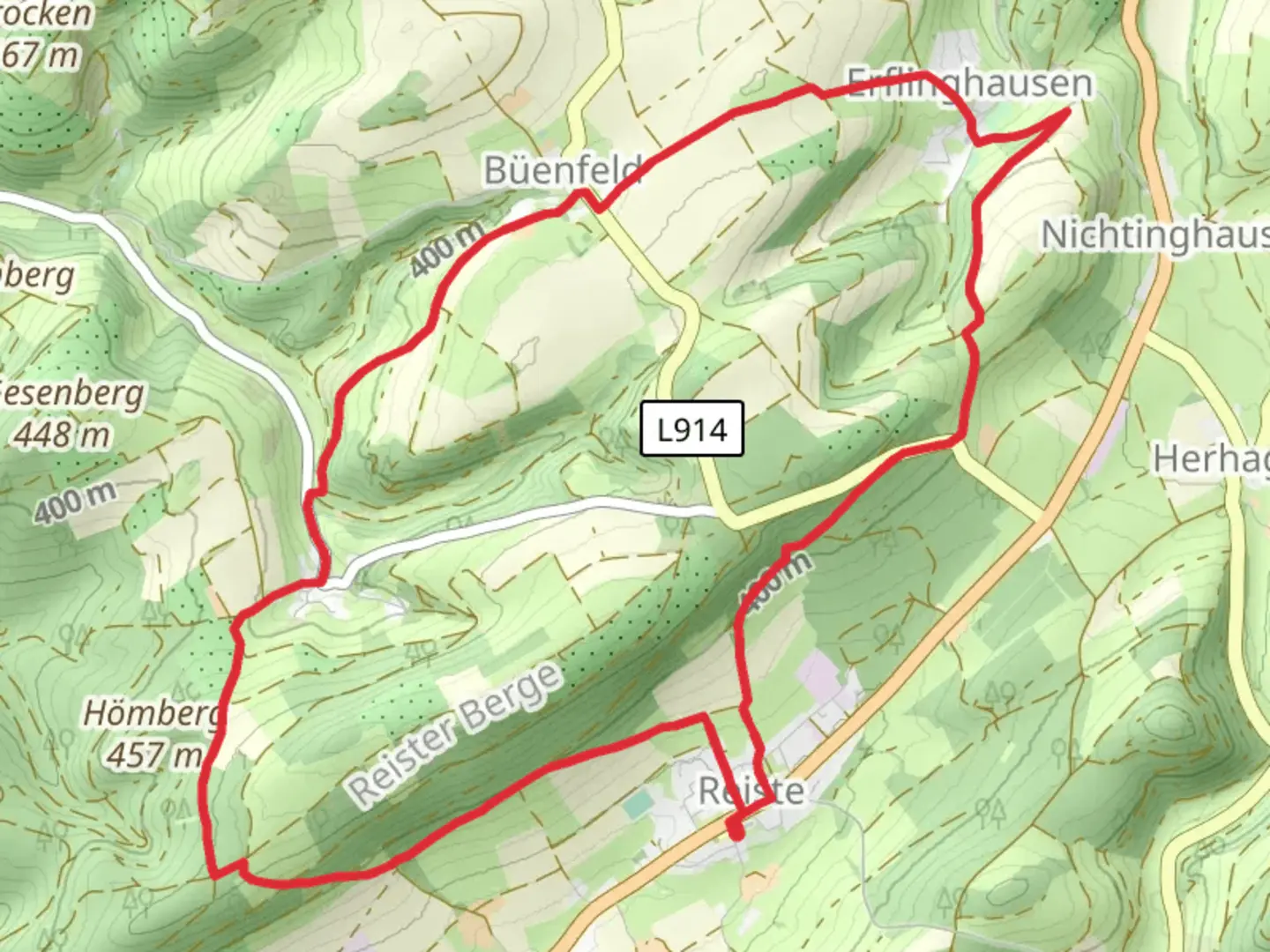 An image depicting the trail Kapellenweg Reiste and Reiste Rundwanderweg Loop and its surrounding area.