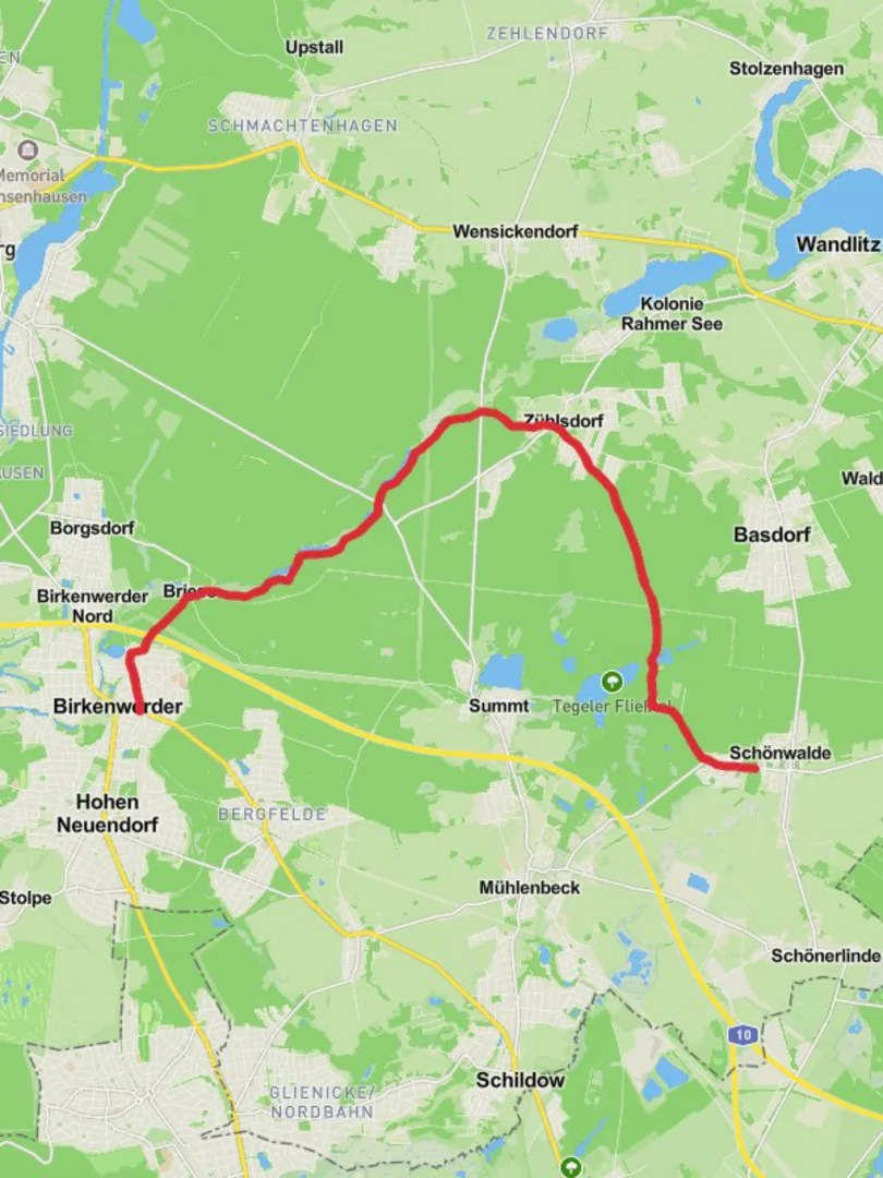 An image depicting the trail Birkenwerder to Schonwalde Walk via Tegeler Fliebtal and its surrounding area.