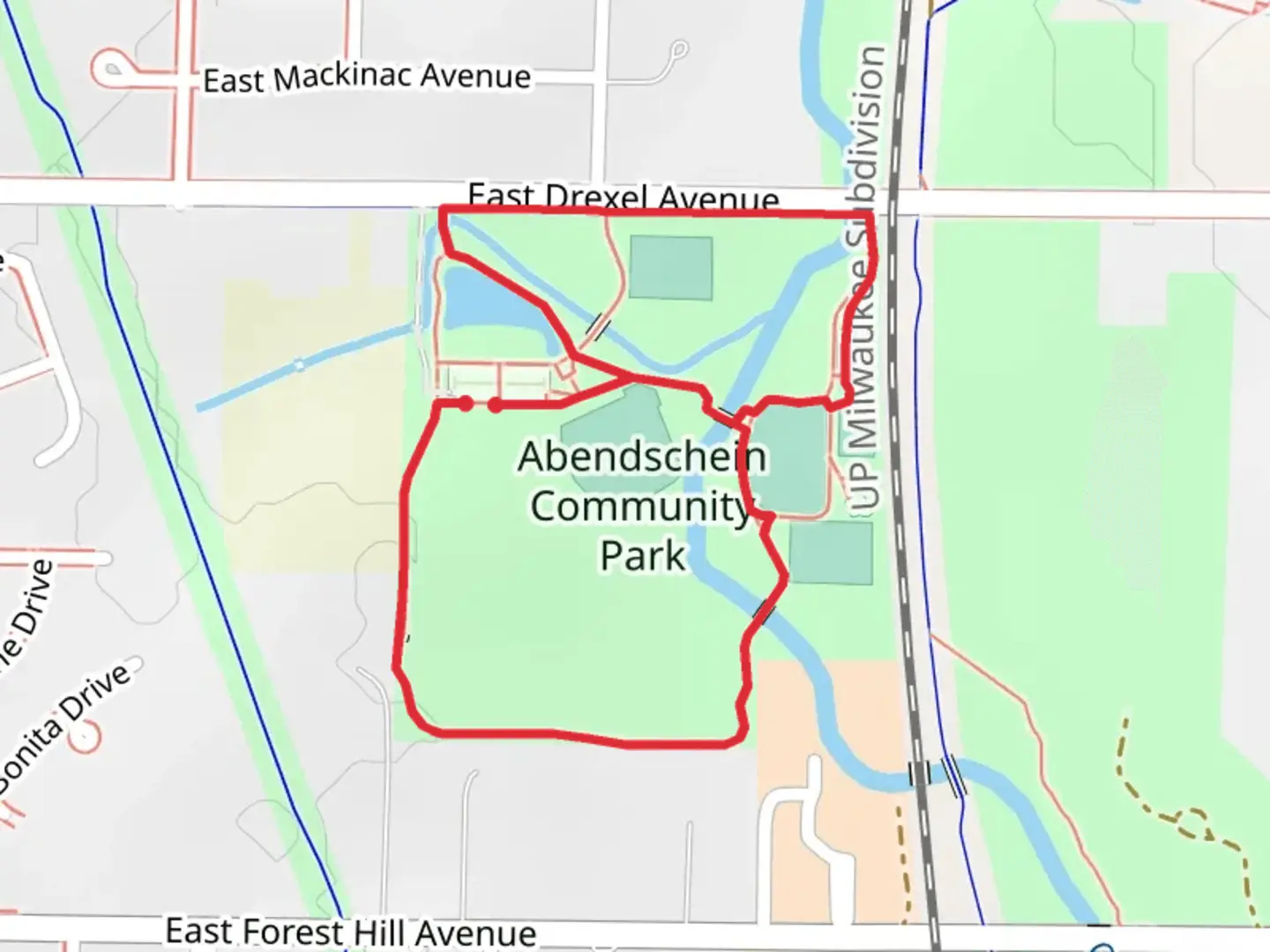 An image depicting the trail Abendschein Community Park Loop and its surrounding area.
