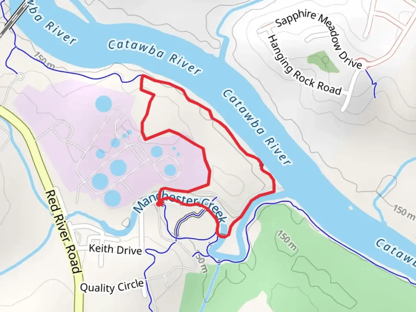 An image depicting the trail River Park, Waterford and Piedmont Medical Center Loop Trail and its surrounding area.