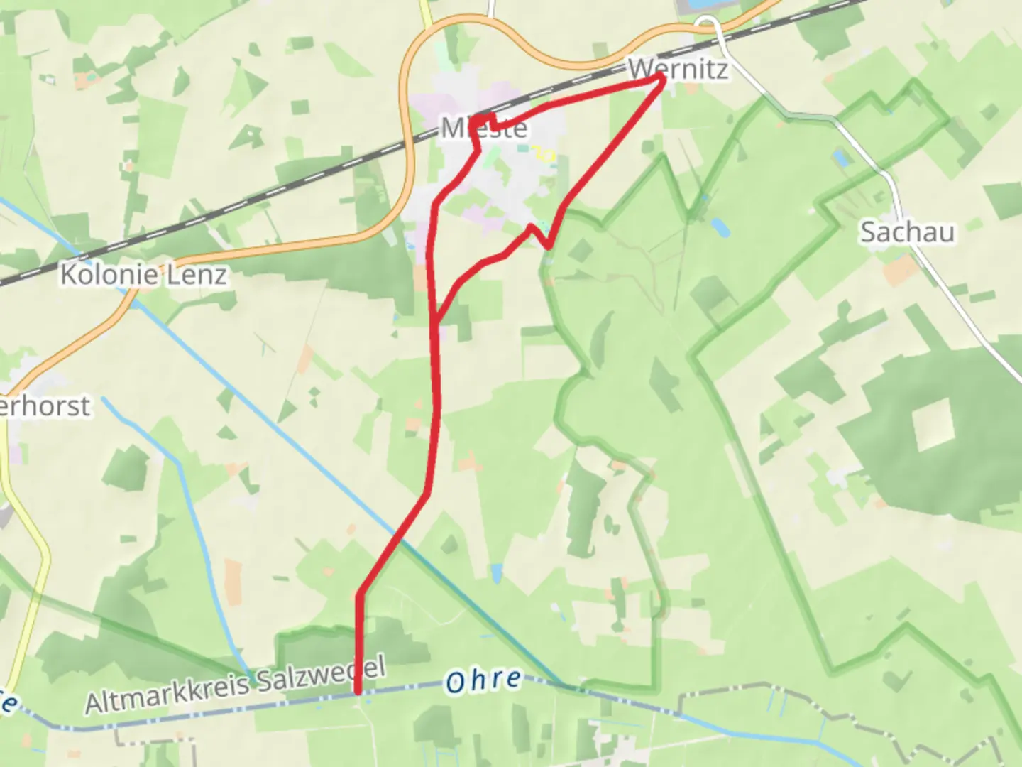 An image depicting the trail Kämkerhorst Walk via Mieste Loop and its surrounding area.