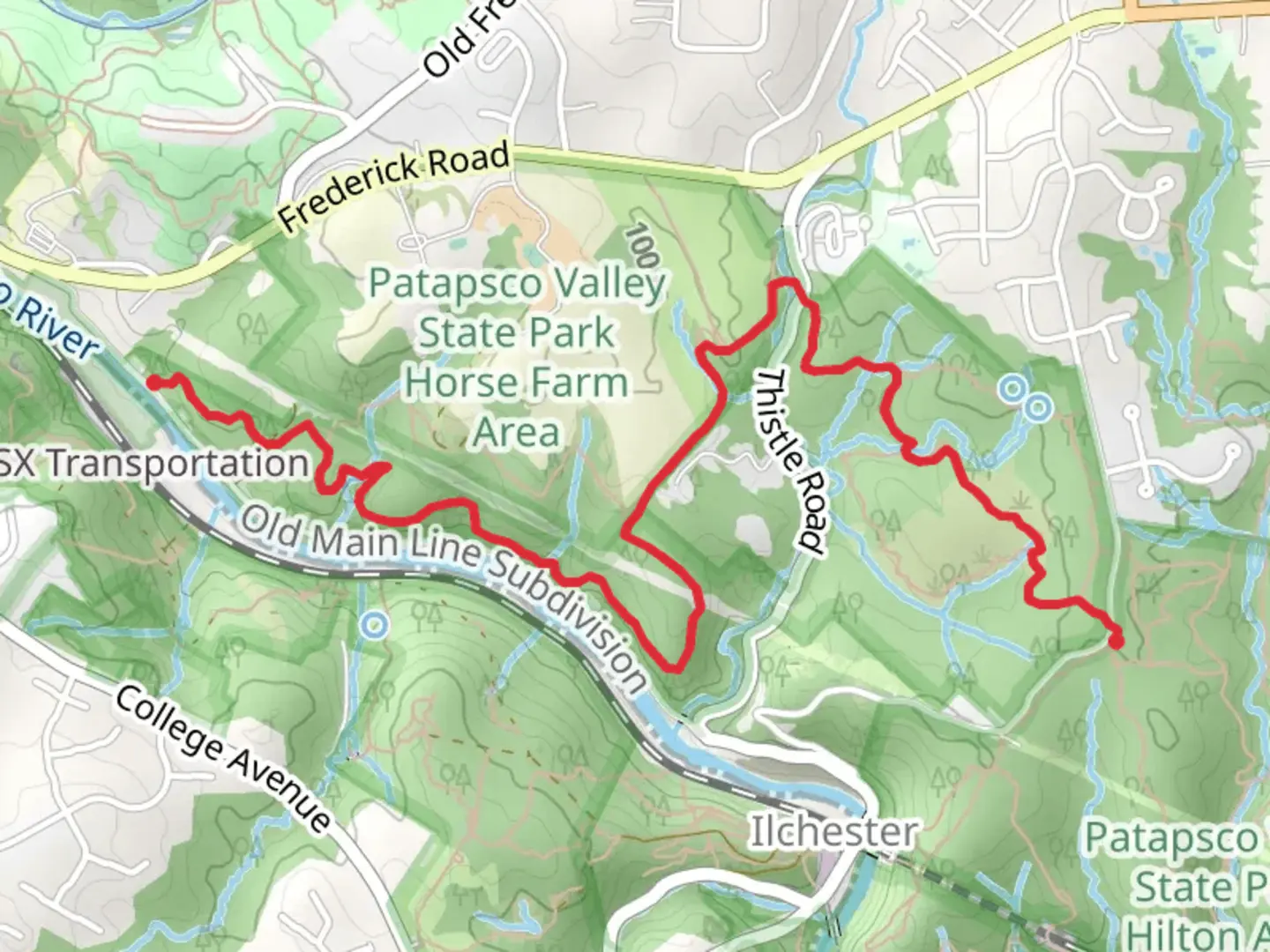 An image depicting the trail Gray's Mill Trail from South Hilltop Road and its surrounding area.