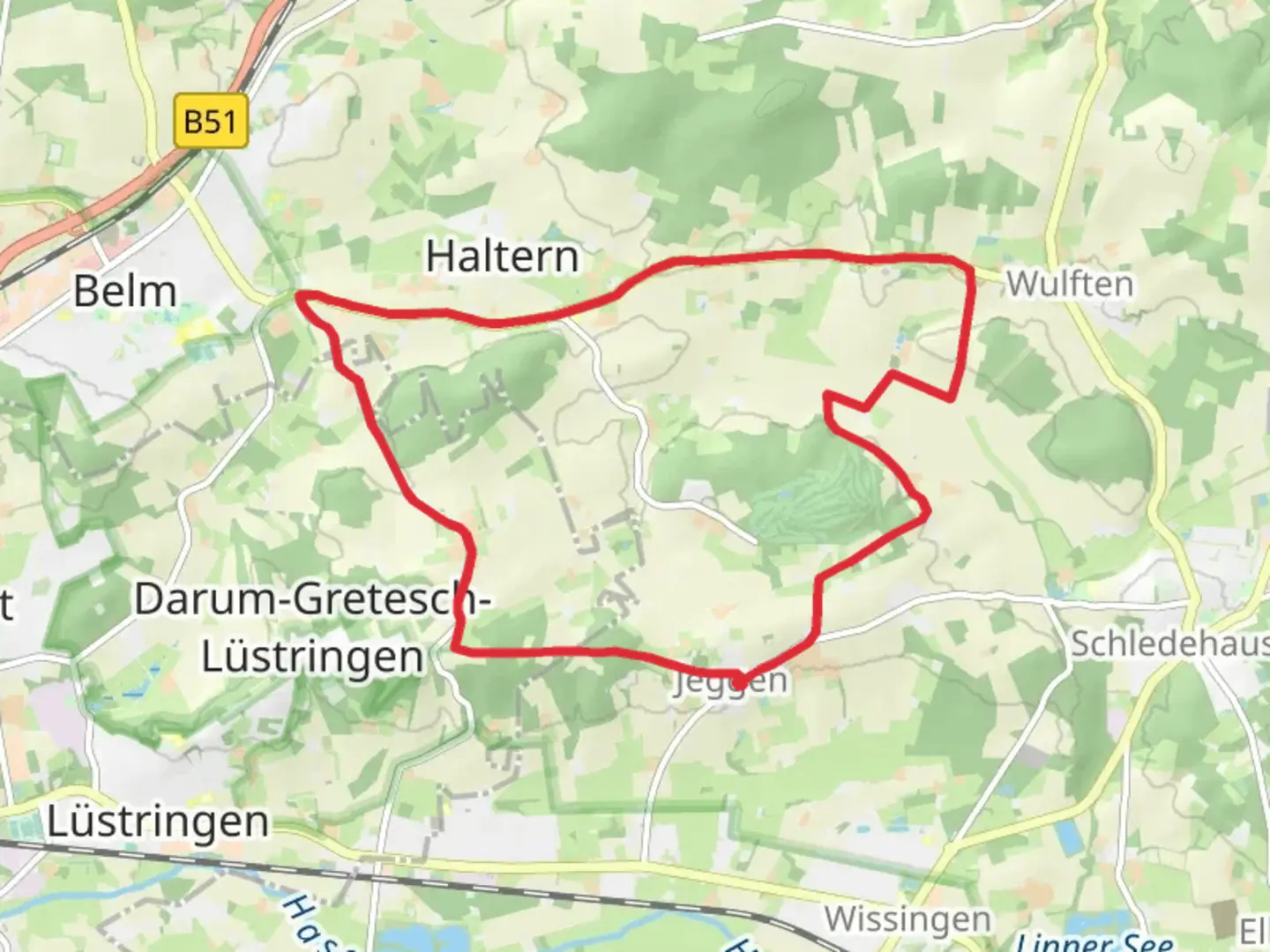 An image depicting the trail Jeggen and Halter Berg Loop and its surrounding area.