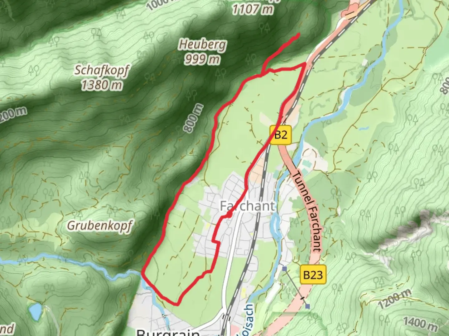 An image depicting the trail Farchant and Fotographenbank Loop via Spielleitenweg and its surrounding area.
