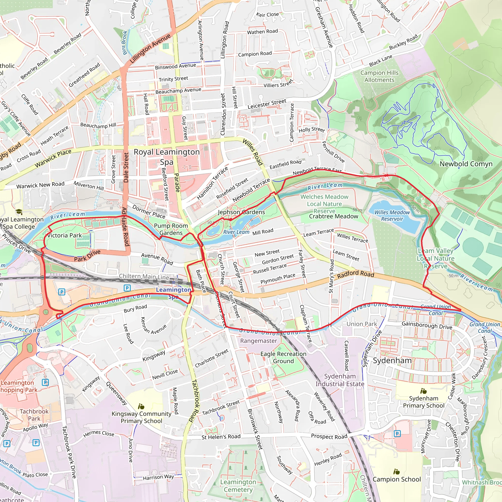 Jephson Gardens, Victoria Park and Leam Valley Local Nature Reserve Loop mobile static map