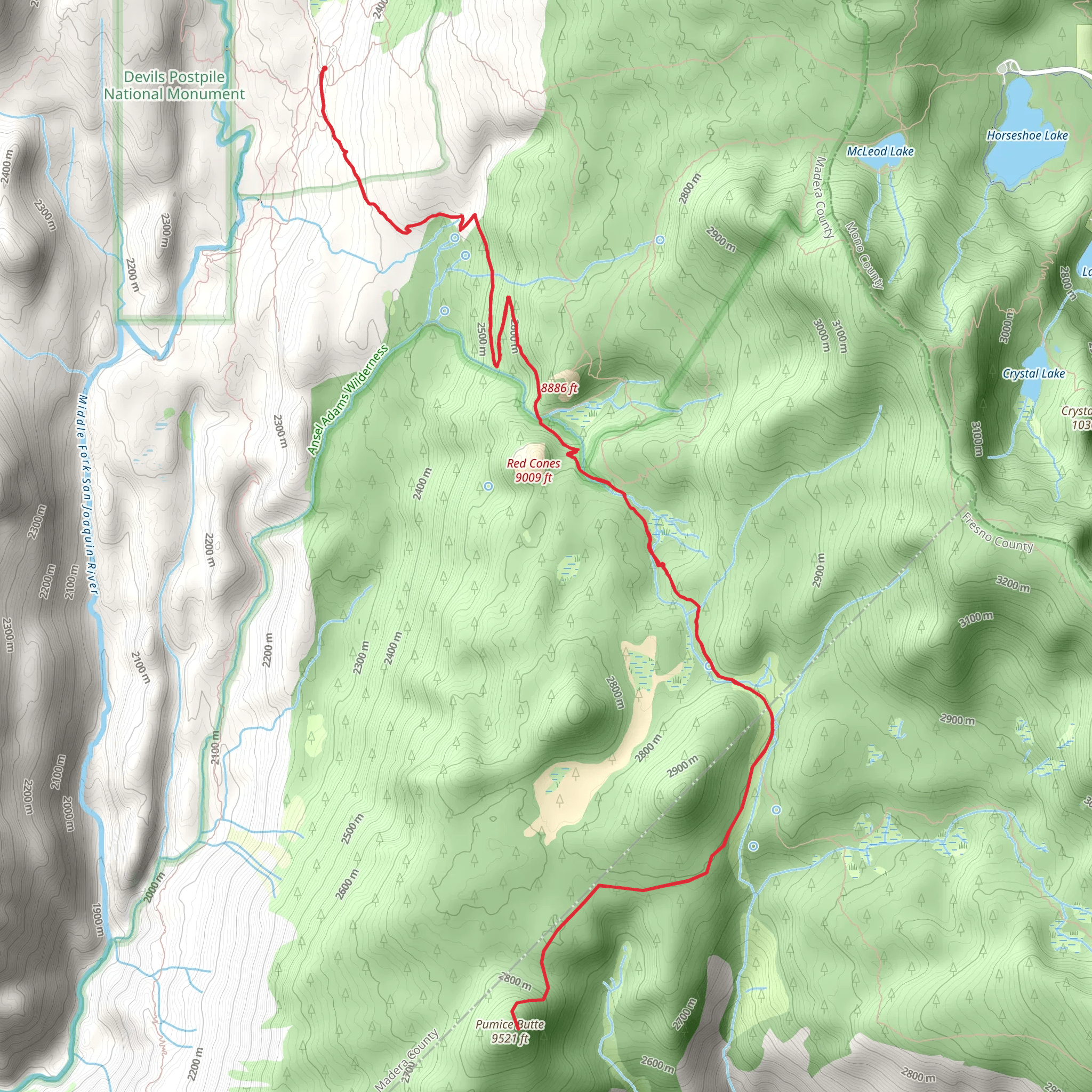 Pumice Butte Peak via John Muir Trail mobile static map