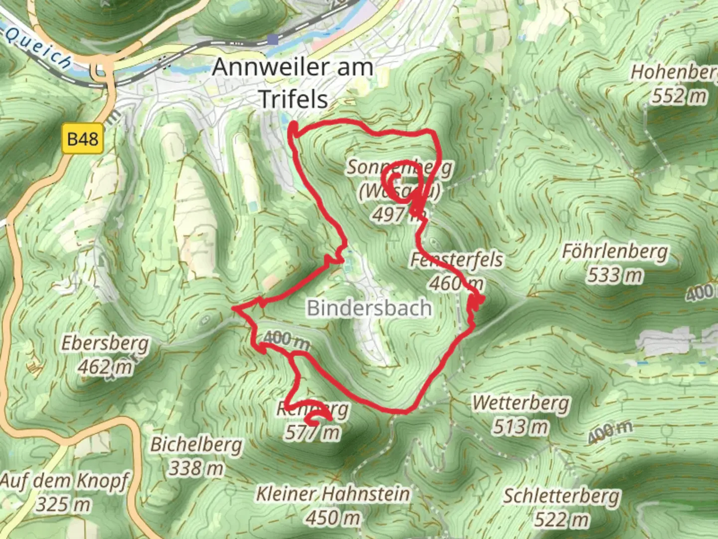 An image depicting the trail Sonnenberg, Fensterfels and Rehberg via Rundwanderweg Leinsweiler 4 and its surrounding area.