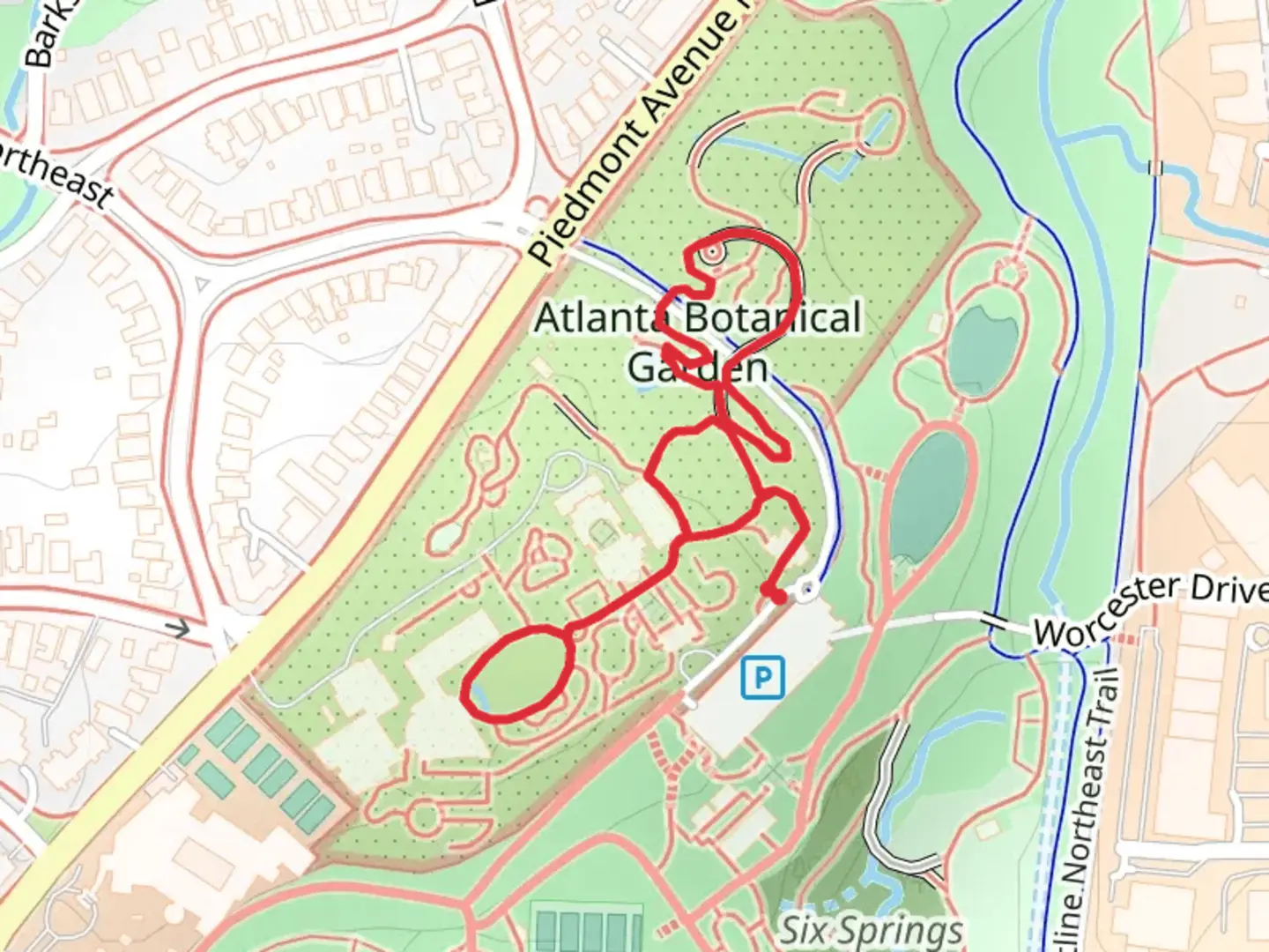 An image depicting the trail Atlanta Botenical Garden and Japanese Garden Loop and its surrounding area.
