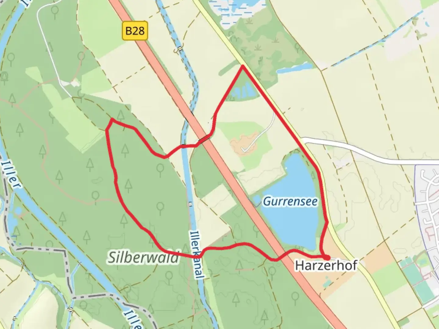 An image depicting the trail Gurrensee and Illerkanal Loop and its surrounding area.