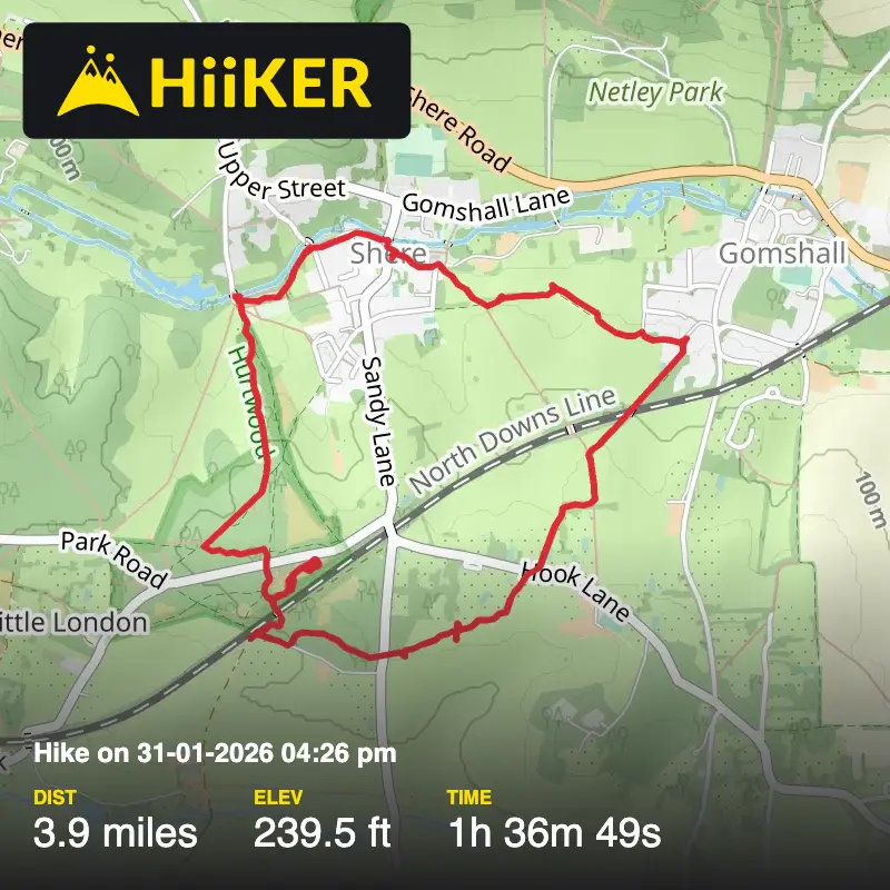 A map preview of the recording Shere Loop from Albury Car Park 7.