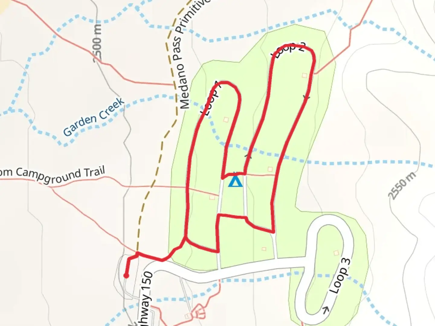 An image depicting the trail Pinyon Flats Campground Loop and its surrounding area.