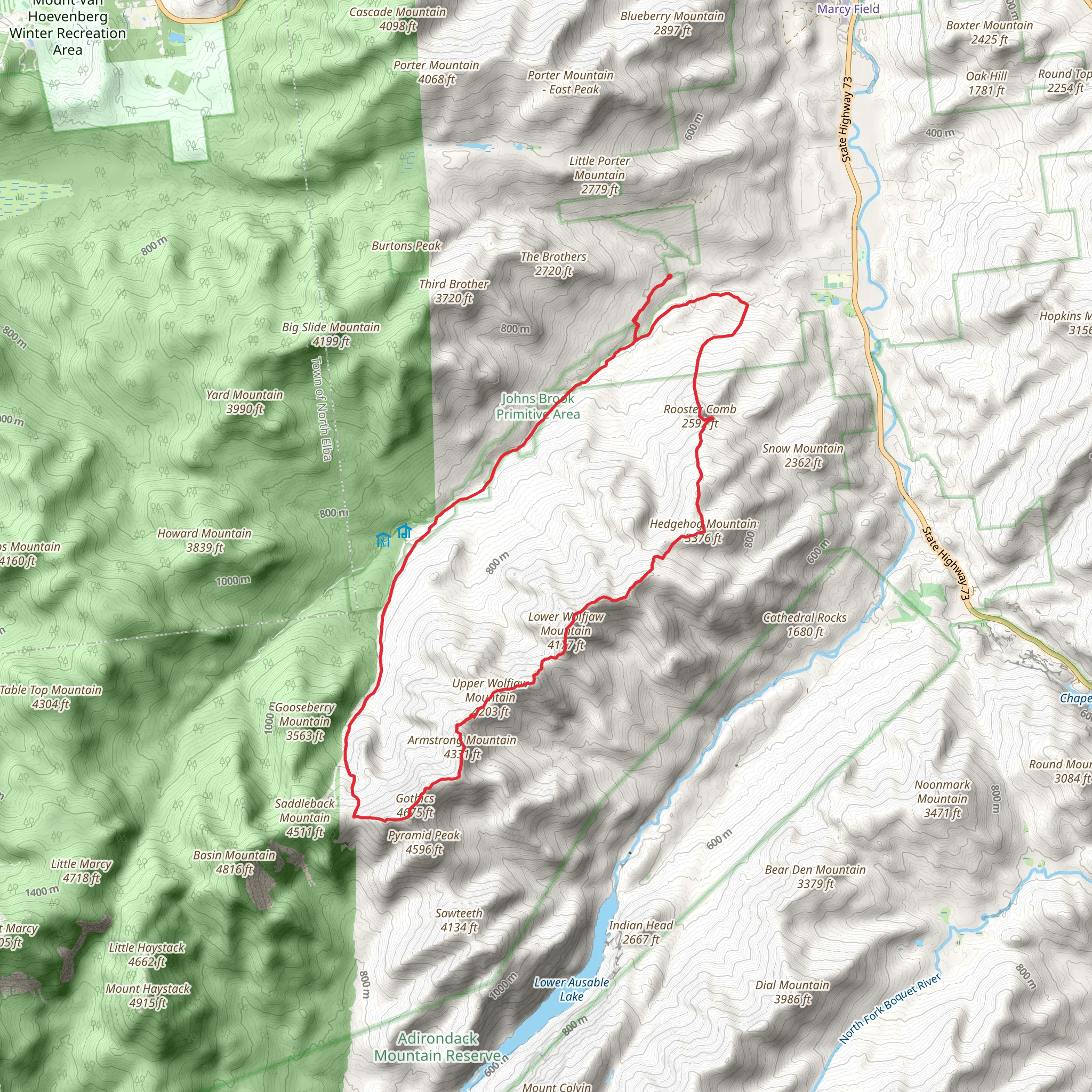 Rooster Comb, Hedgehog Mountain and Armstrong Mountain via ADK Range Trail mobile static map